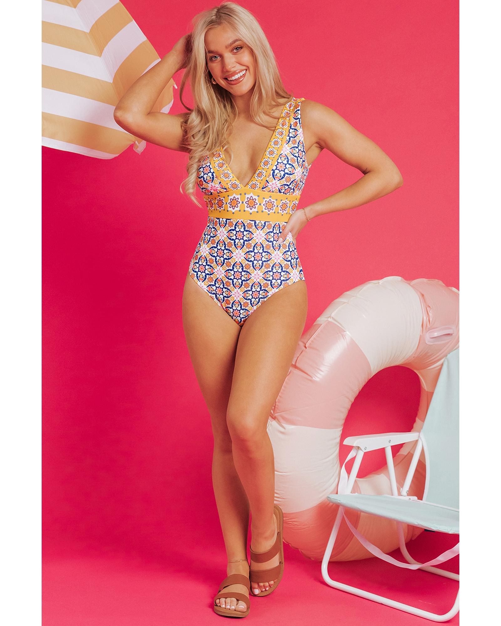 Yellow Floral Print V Neck One Piece Swimsuit - M