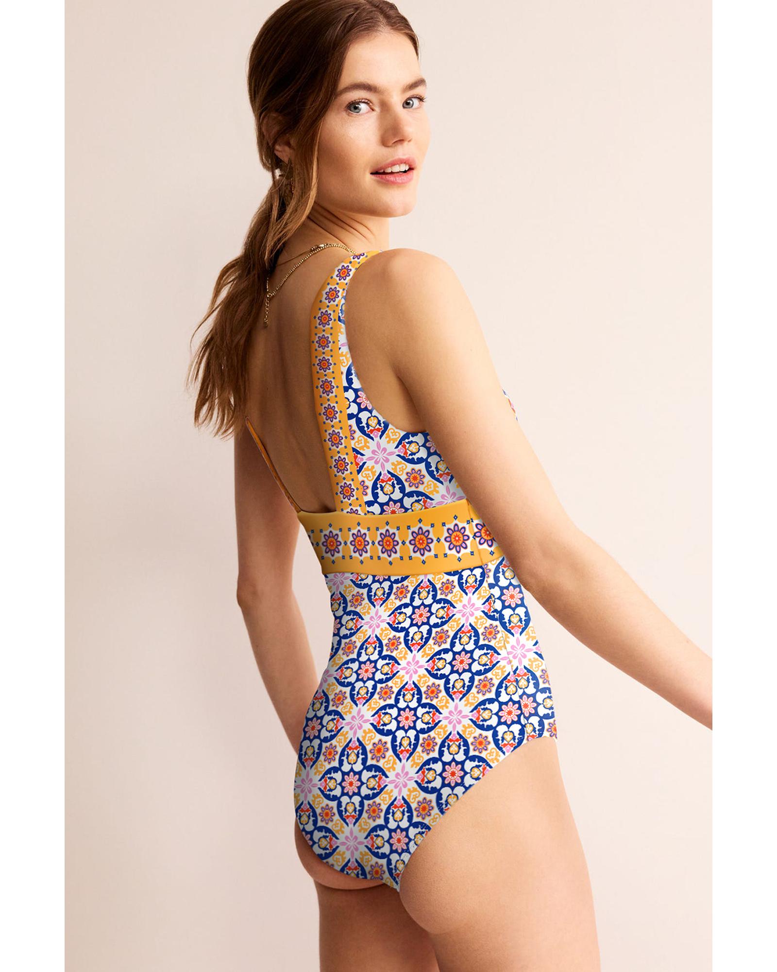 Yellow Floral Print V Neck One Piece Swimsuit - M