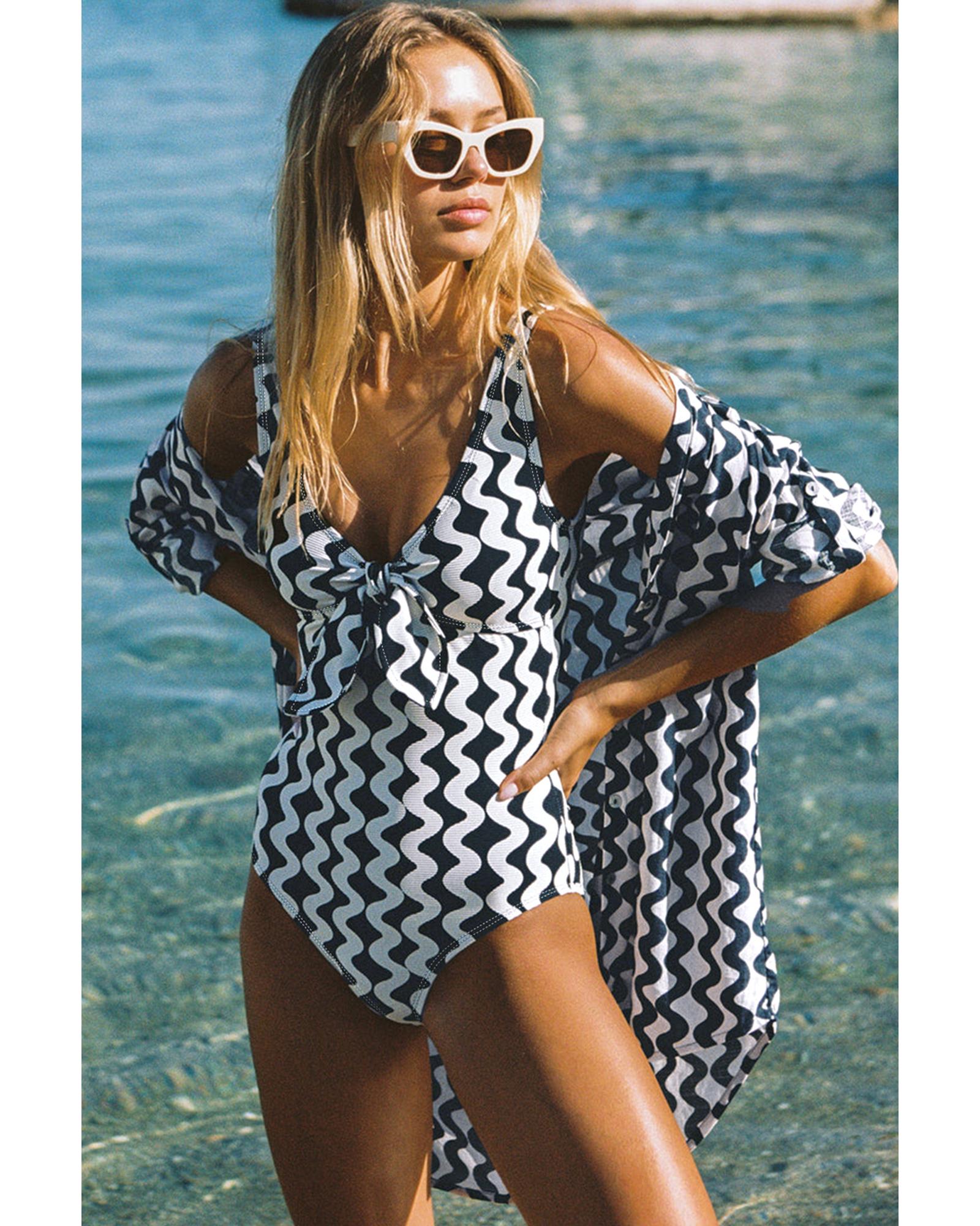 Black Stripe Bowknot Ricrac Print V Neck Low Back Cut One Piece Swimsuit - L