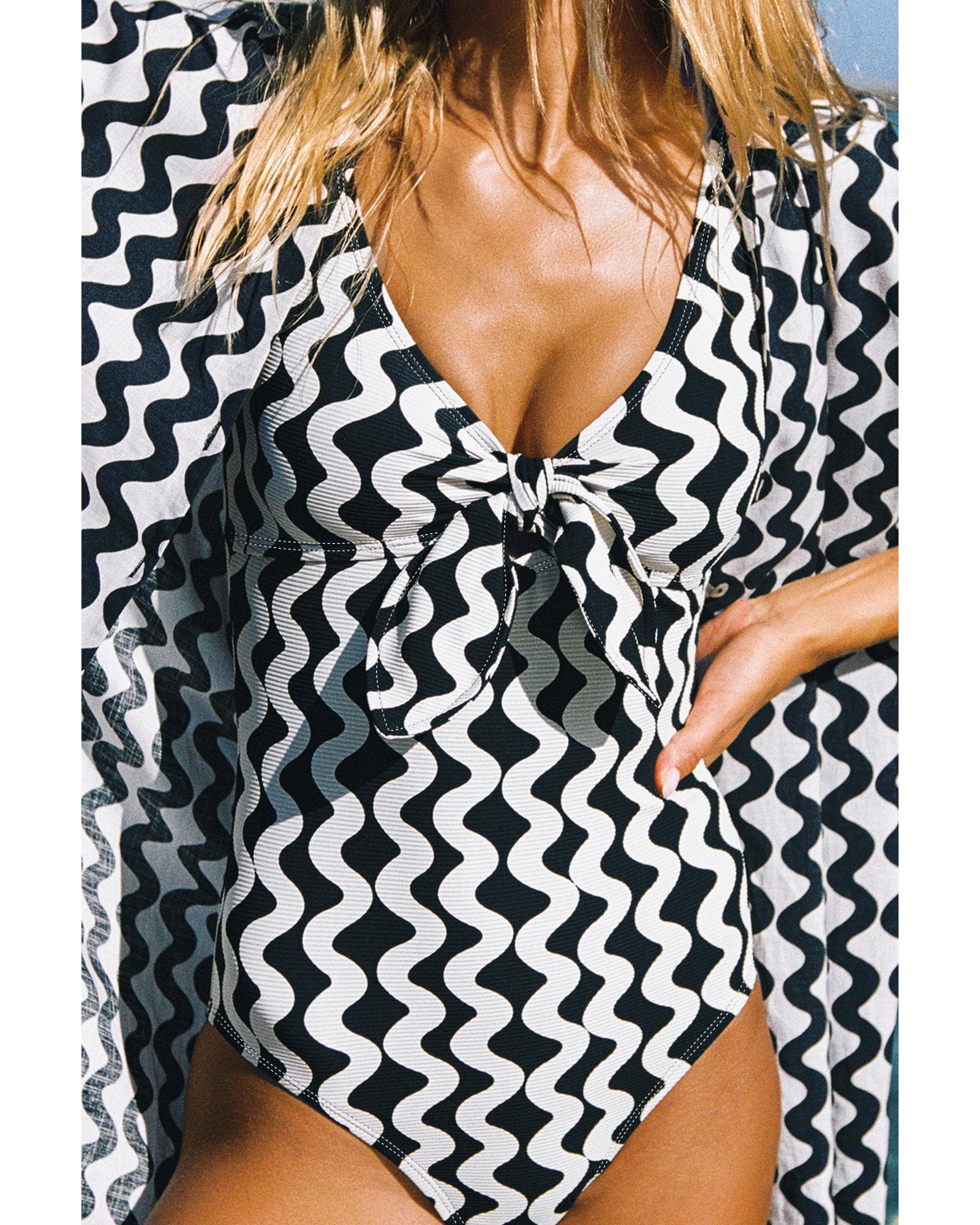 Black Stripe Bowknot Ricrac Print V Neck Low Back Cut One Piece Swimsuit - L