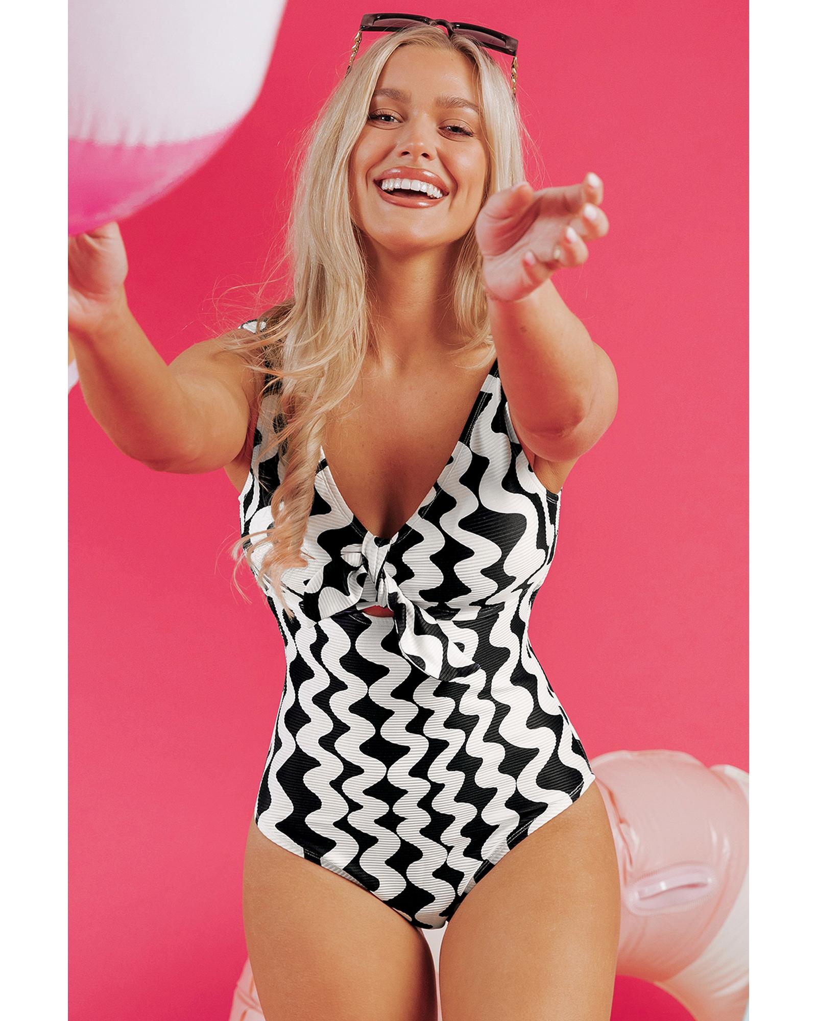 Black Stripe Bowknot Ricrac Print V Neck Low Back Cut One Piece Swimsuit - M