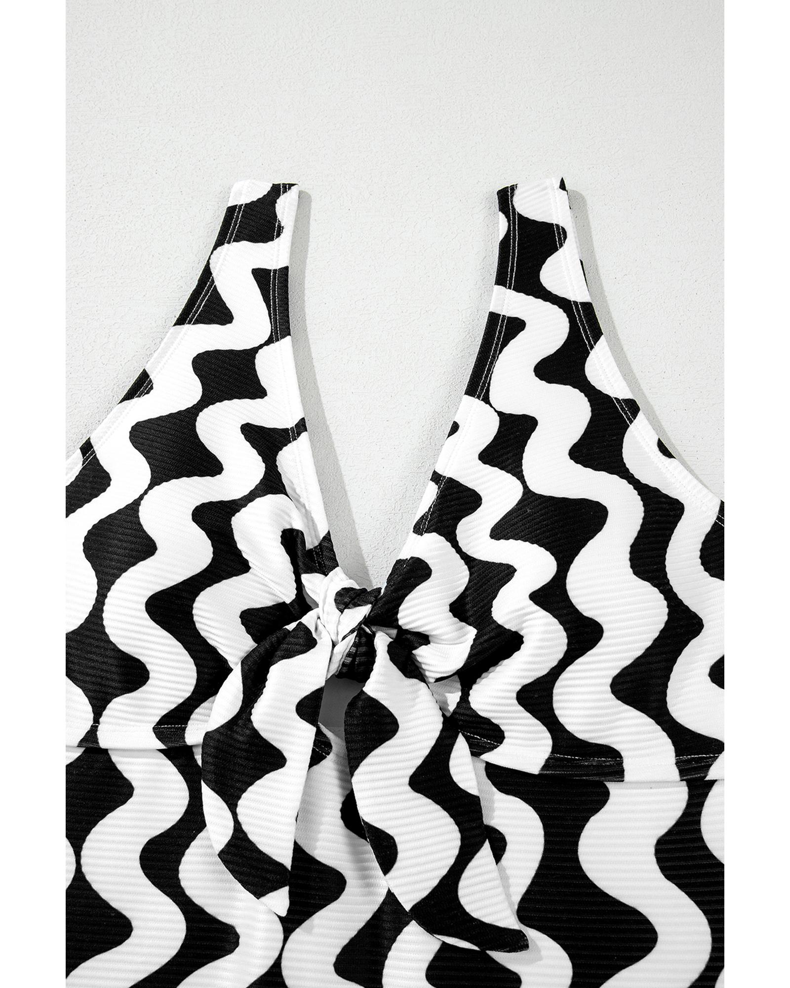 Black Stripe Bowknot Ricrac Print V Neck Low Back Cut One Piece Swimsuit - M