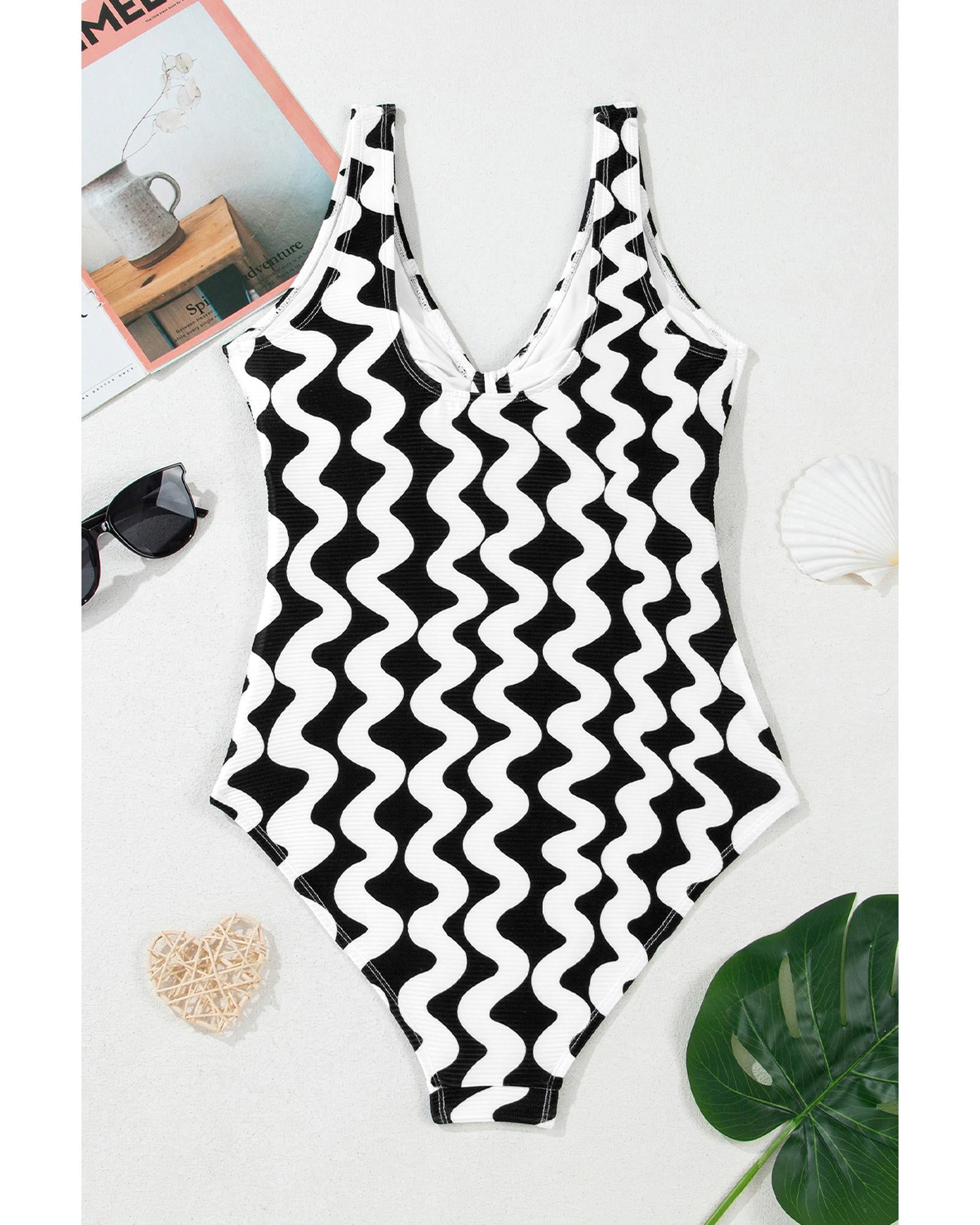 Black Stripe Bowknot Ricrac Print V Neck Low Back Cut One Piece Swimsuit - M