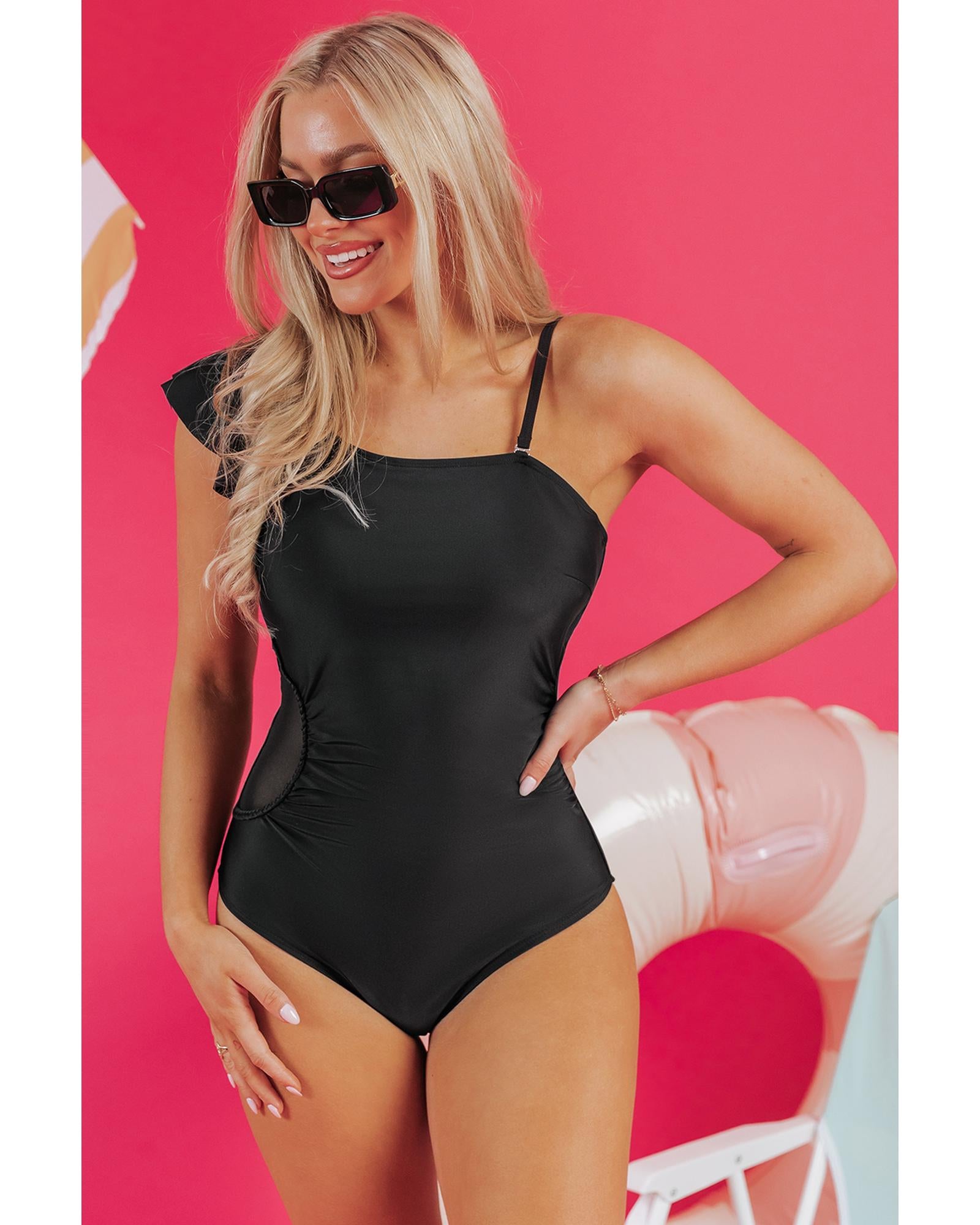 Black Asymmetric Ruffle Shoulder Pleated One Piece Swimsuit - L