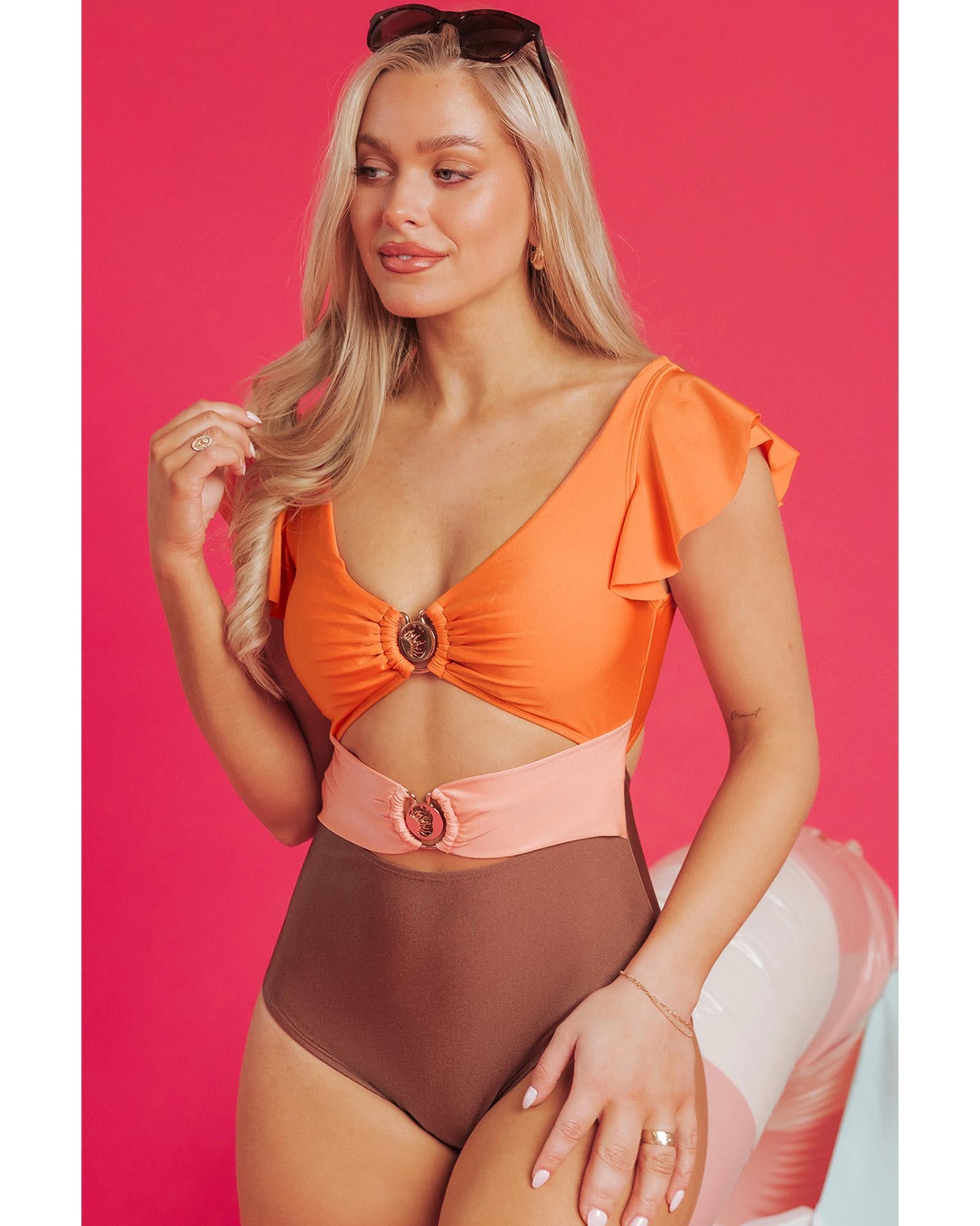 Orange Ruffle Sleeve Tricolor Cutout Front Ring One Piece Swimsuit - M