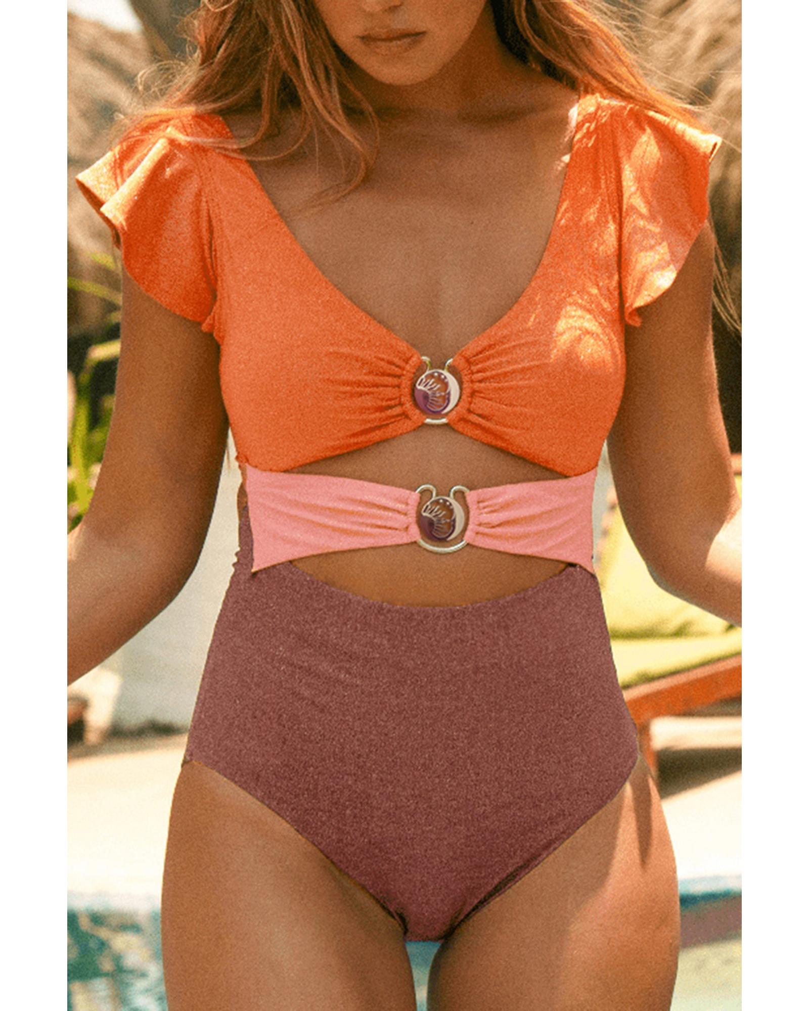 Orange Ruffle Sleeve Tricolor Cutout Front Ring One Piece Swimsuit - M