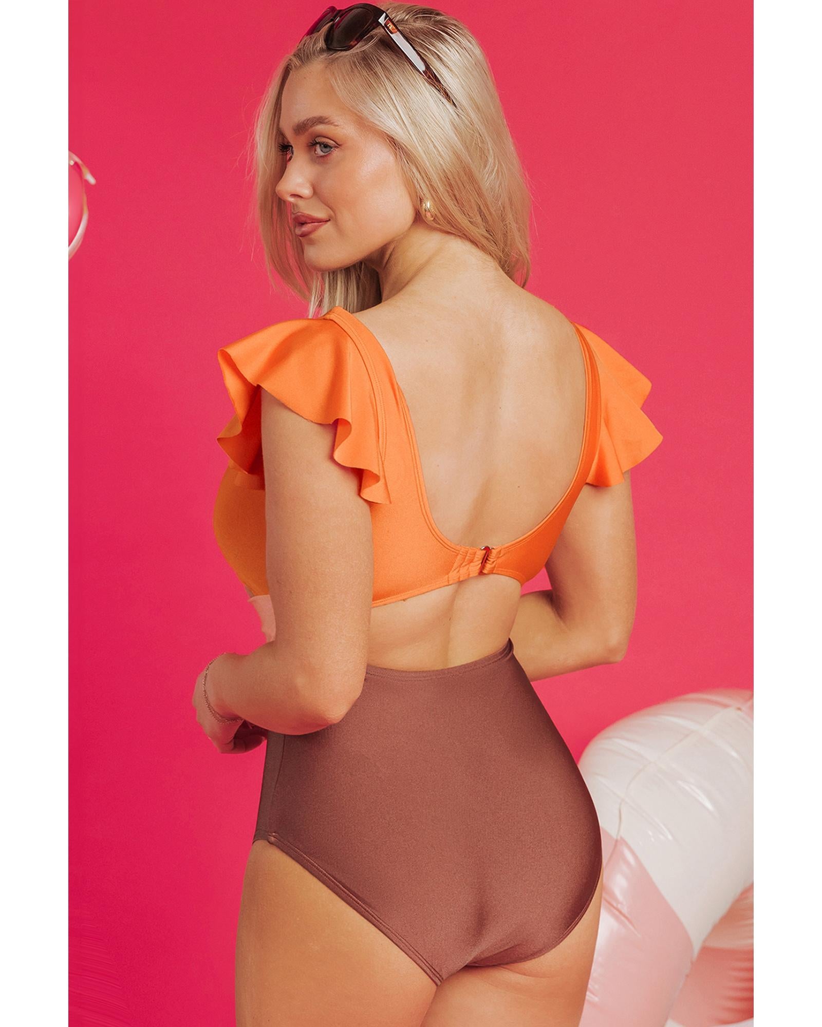 Orange Ruffle Sleeve Tricolor Cutout Front Ring One Piece Swimsuit - XL