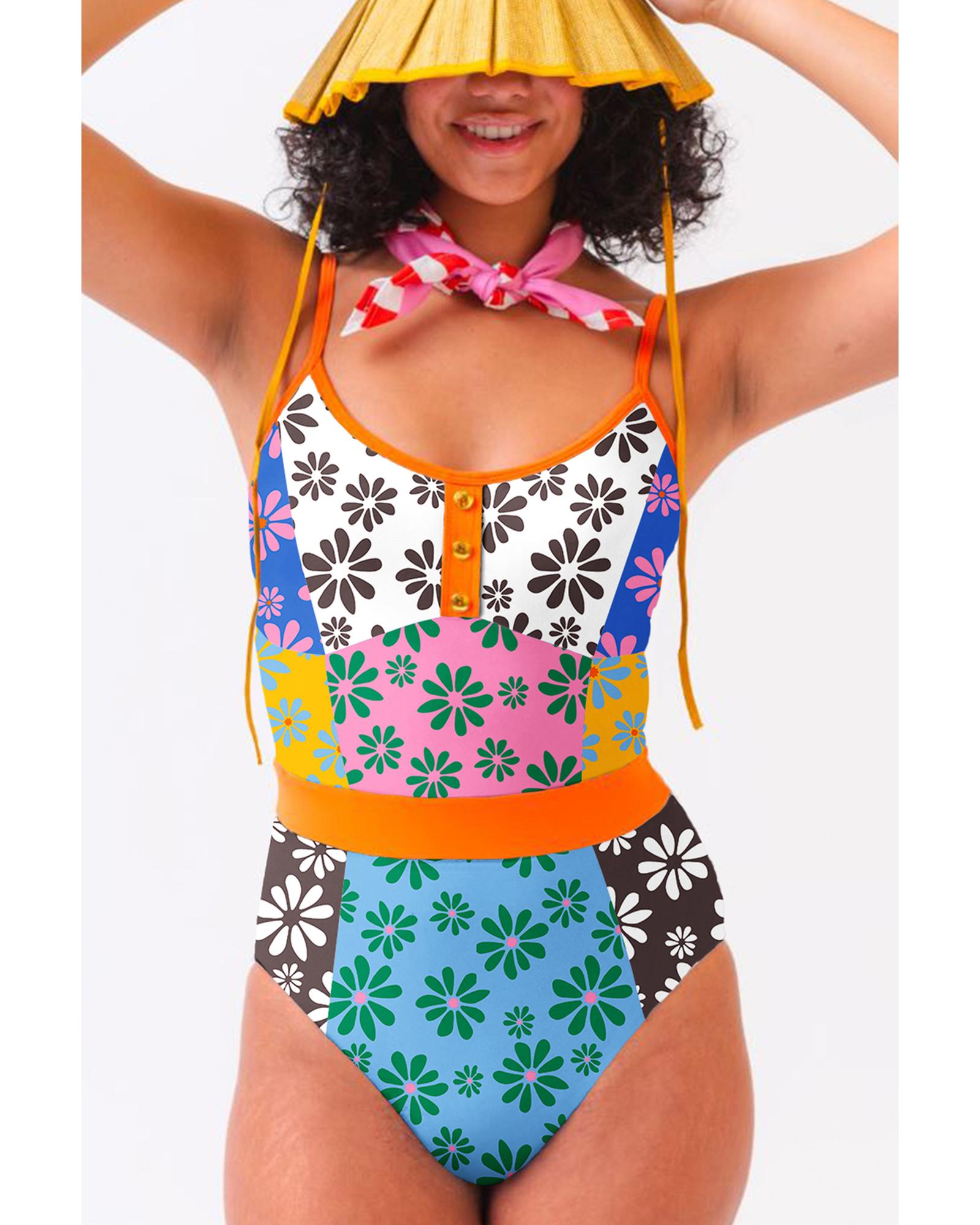 Orange Floral Colorblock Buttoned Decor Front Spaghetti Straps Teddy Swimsuit - L