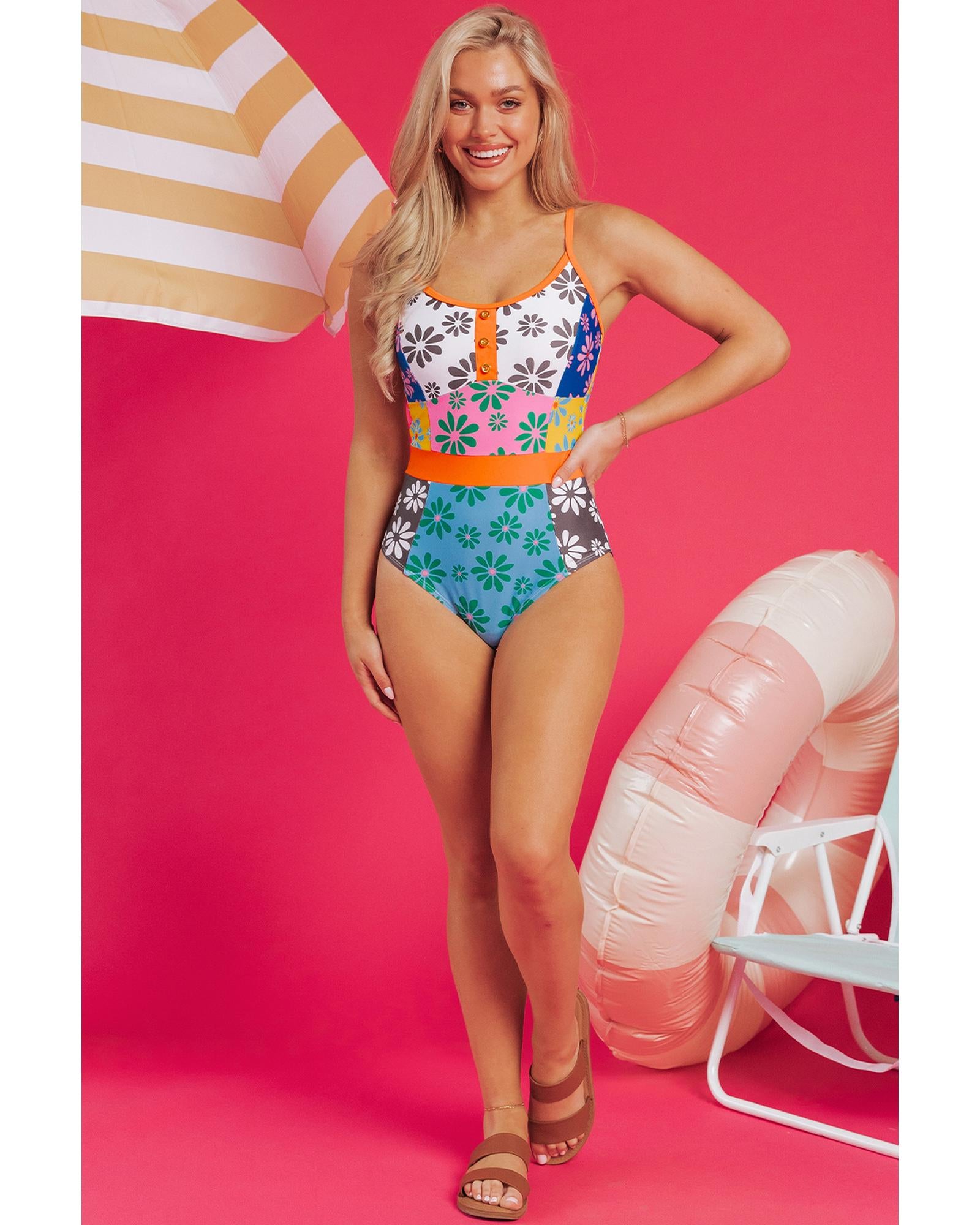 Orange Floral Colorblock Buttoned Decor Front Spaghetti Straps Teddy Swimsuit - M