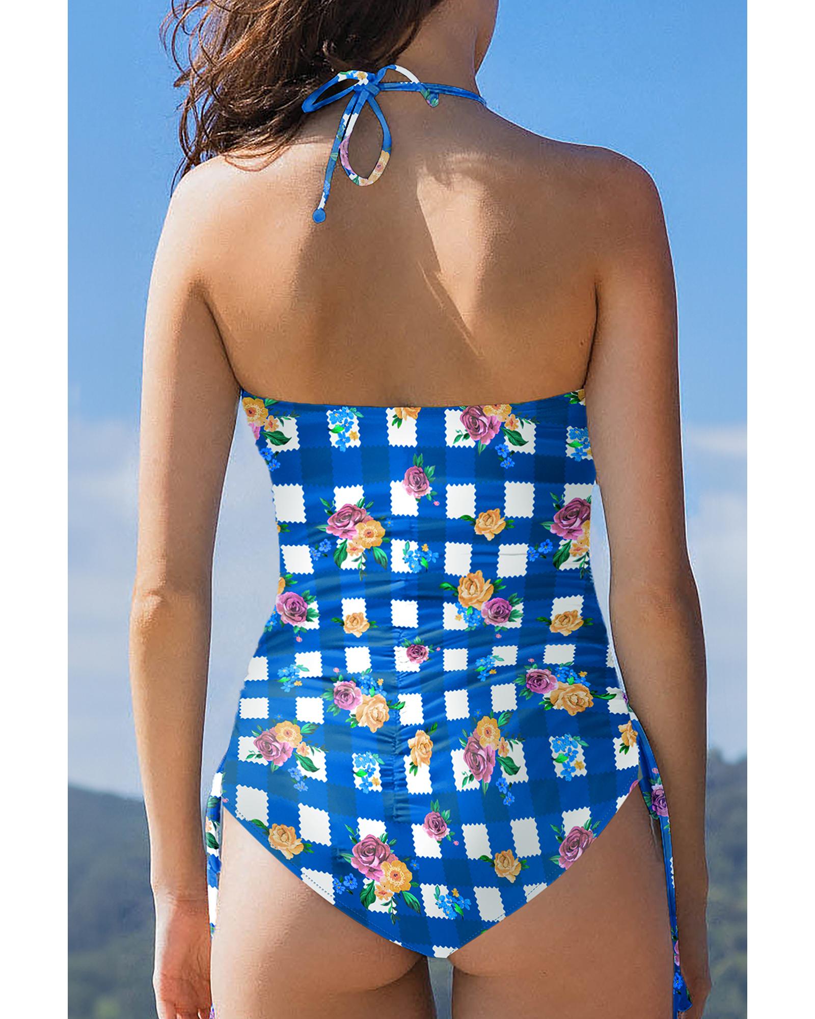 Blue Folk Gingham Halter Ruched Bodice Drawstring Ties One Piece Swimwear - L