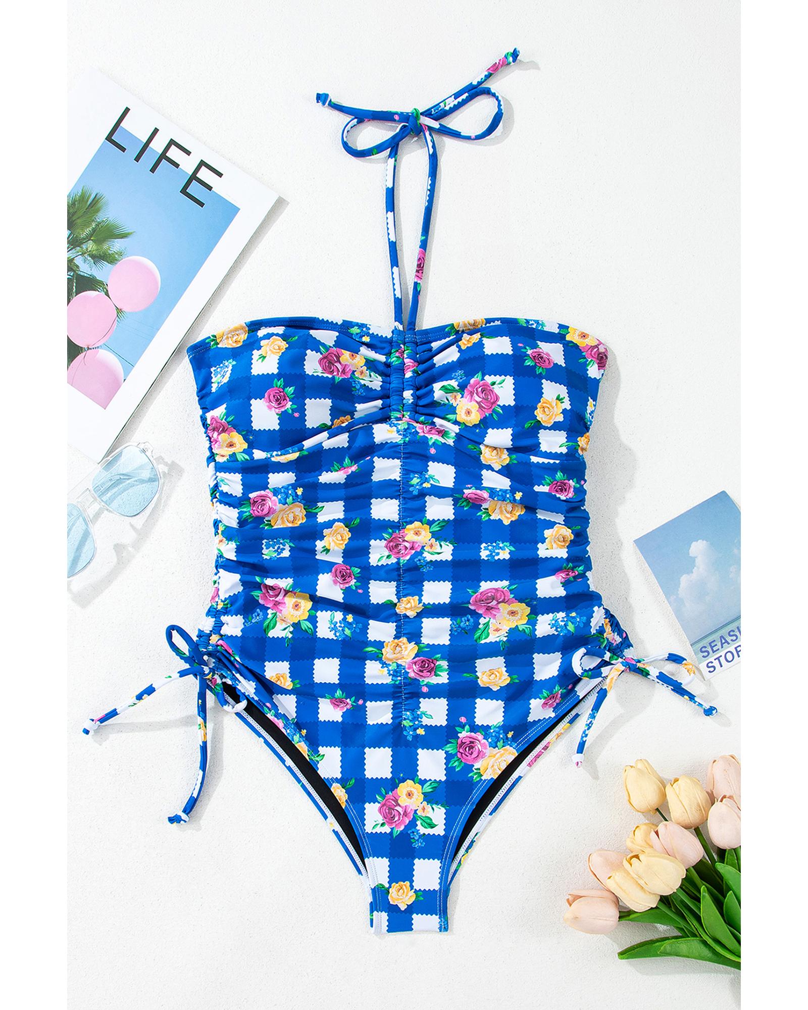 Blue Folk Gingham Halter Ruched Bodice Drawstring Ties One Piece Swimwear - L