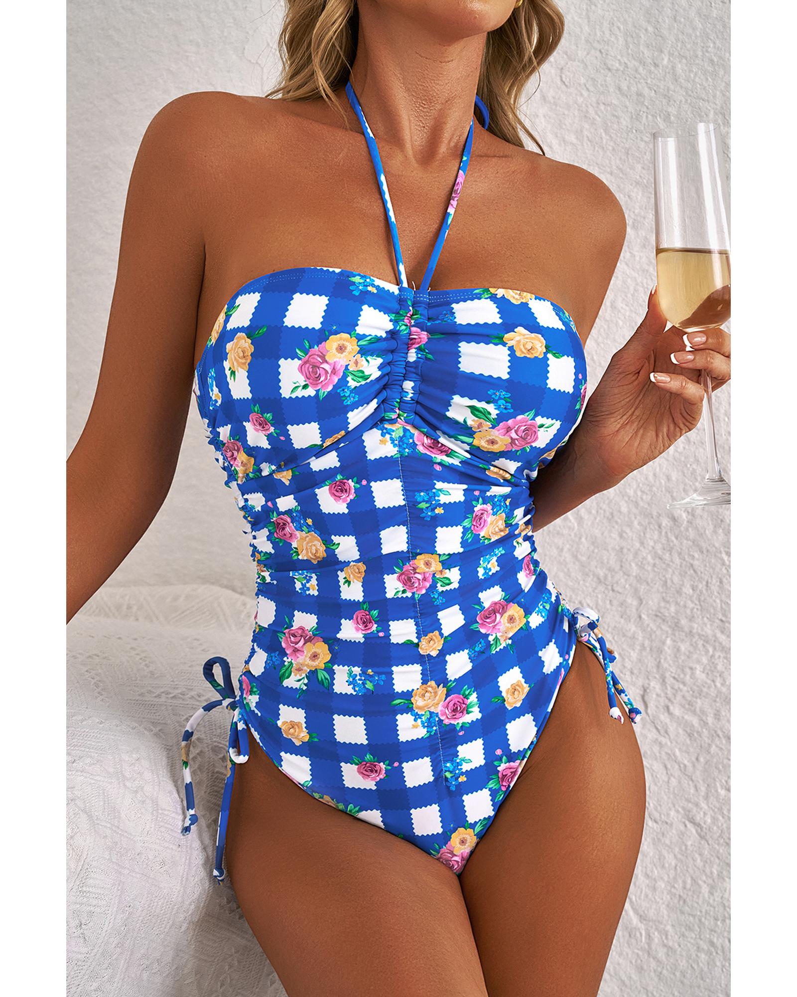 Blue Folk Gingham Halter Ruched Bodice Drawstring Ties One Piece Swimwear - M