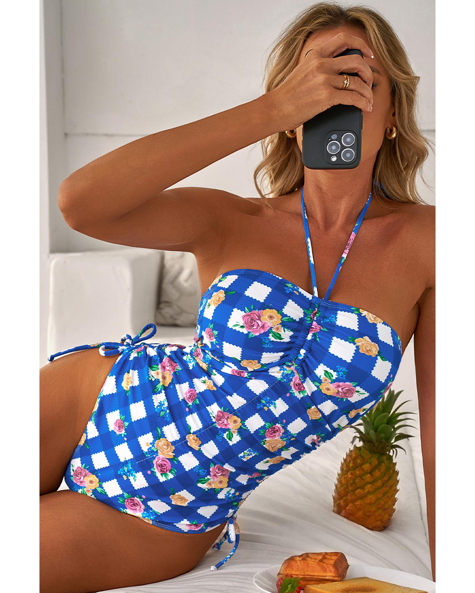 Blue Folk Gingham Halter Ruched Bodice Drawstring Ties One Piece Swimwear - XL