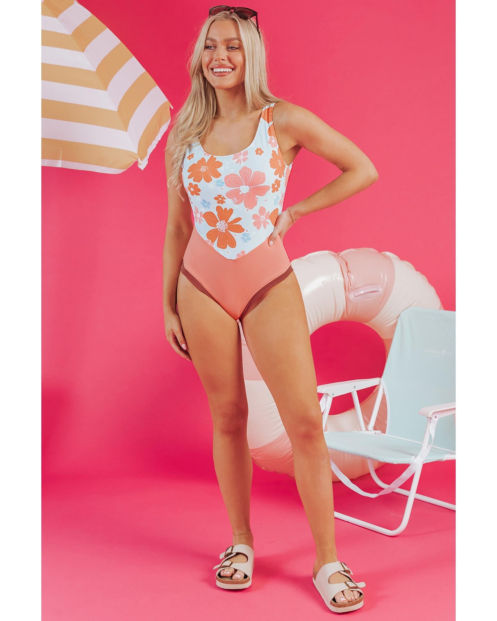 Orange Floral Patchwork Backless One Piece Swimsuit - 2XL