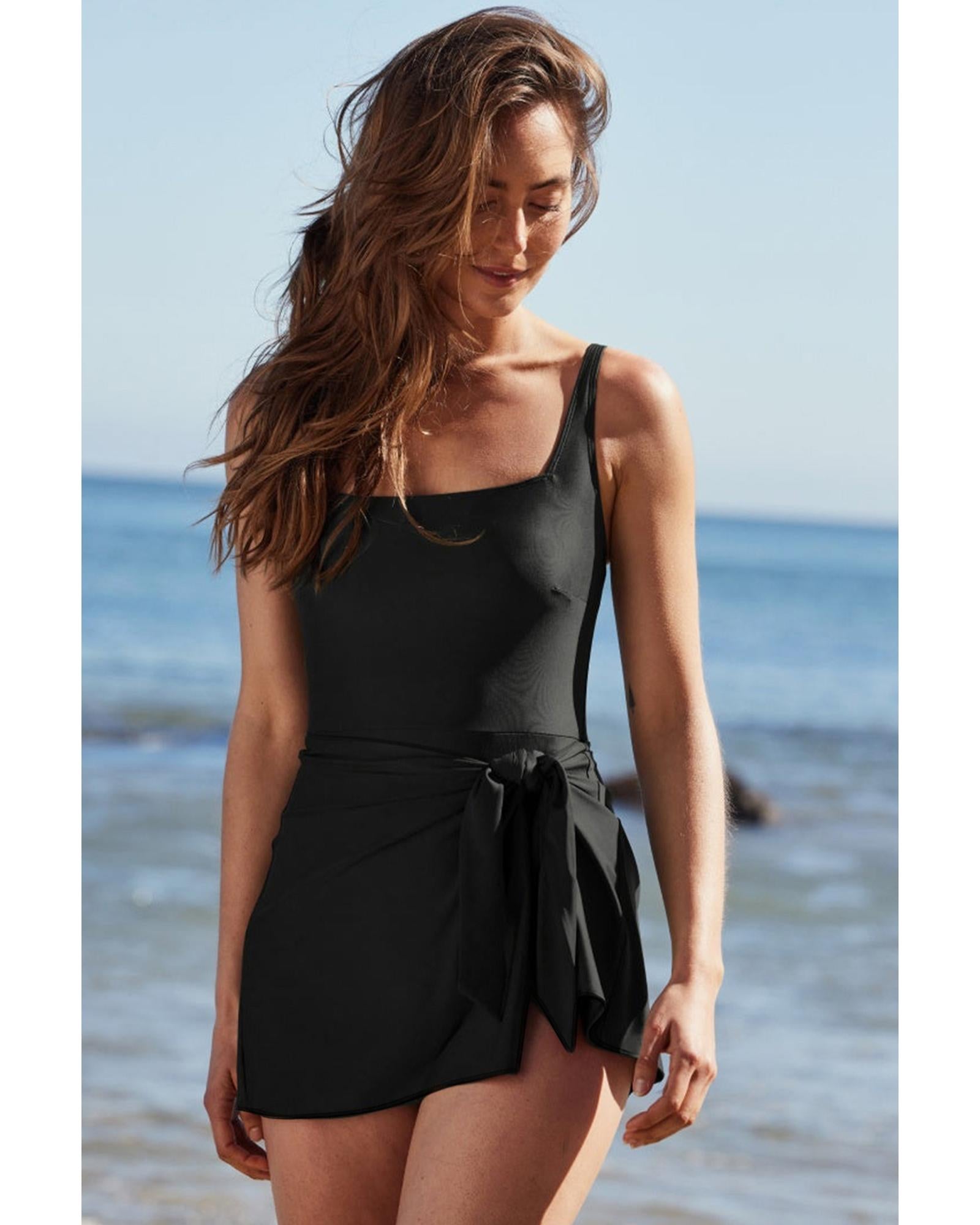 Black Side Tied Waist Square Neck Adjustable Straps A-line One Piece Swim Dress - XL