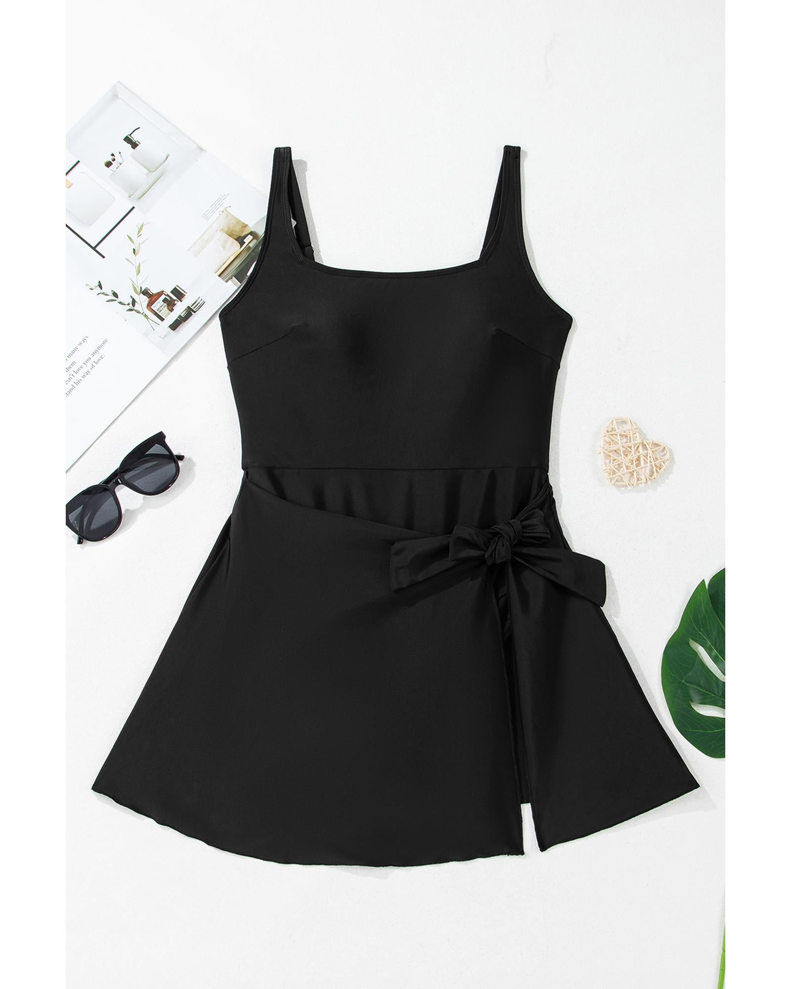 Black Side Tied Waist Square Neck Adjustable Straps A-line One Piece Swim Dress - XL