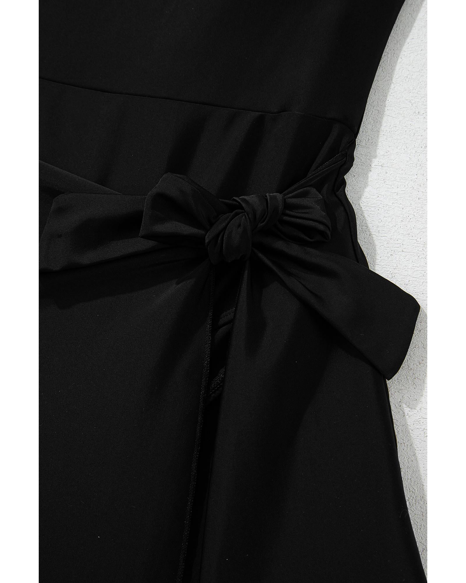 Black Side Tied Waist Square Neck Adjustable Straps A-line One Piece Swim Dress - XL