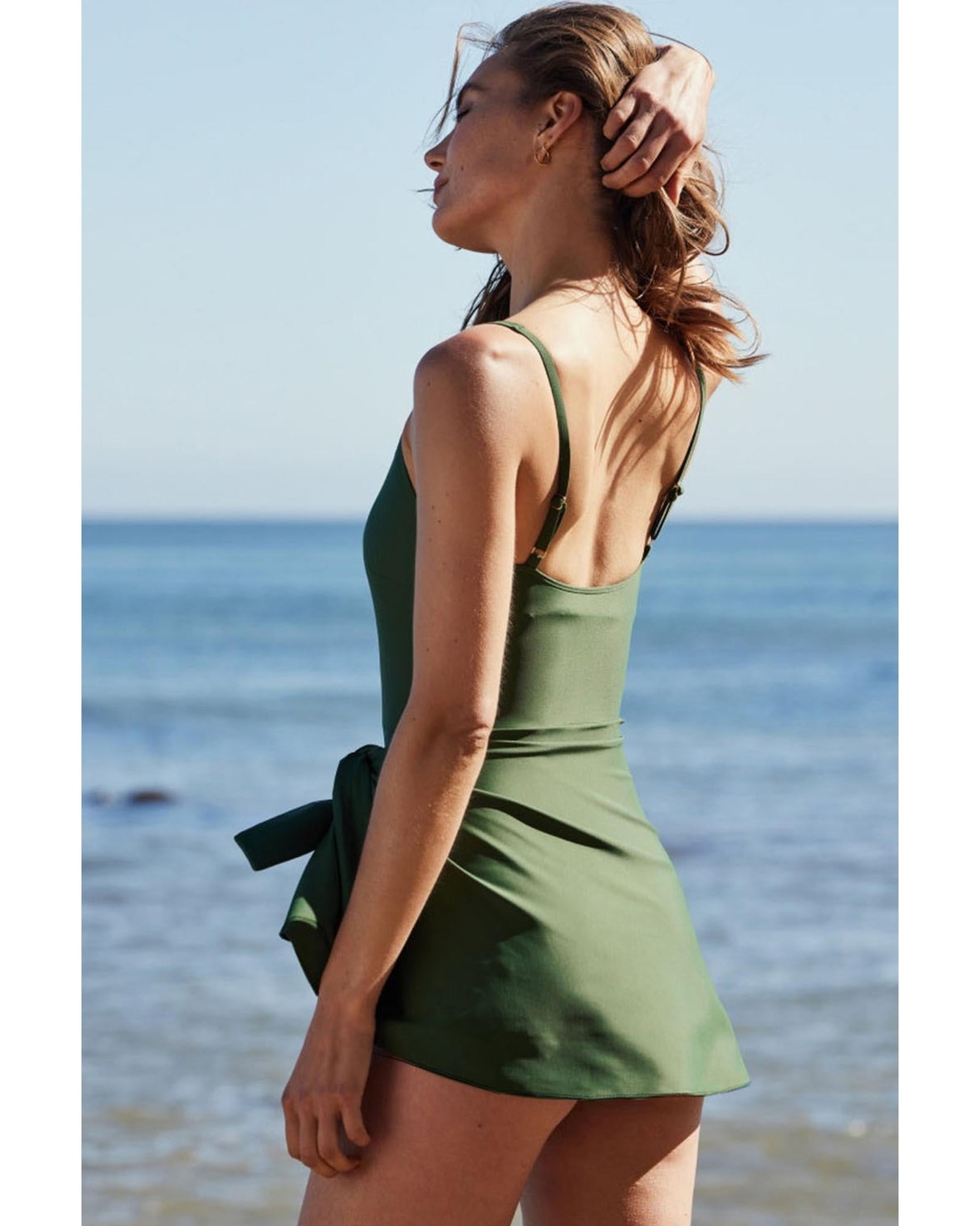 Mist Green Side Tied Waist Square Neck Adjustable Straps A-line One Piece Swim Dress - S