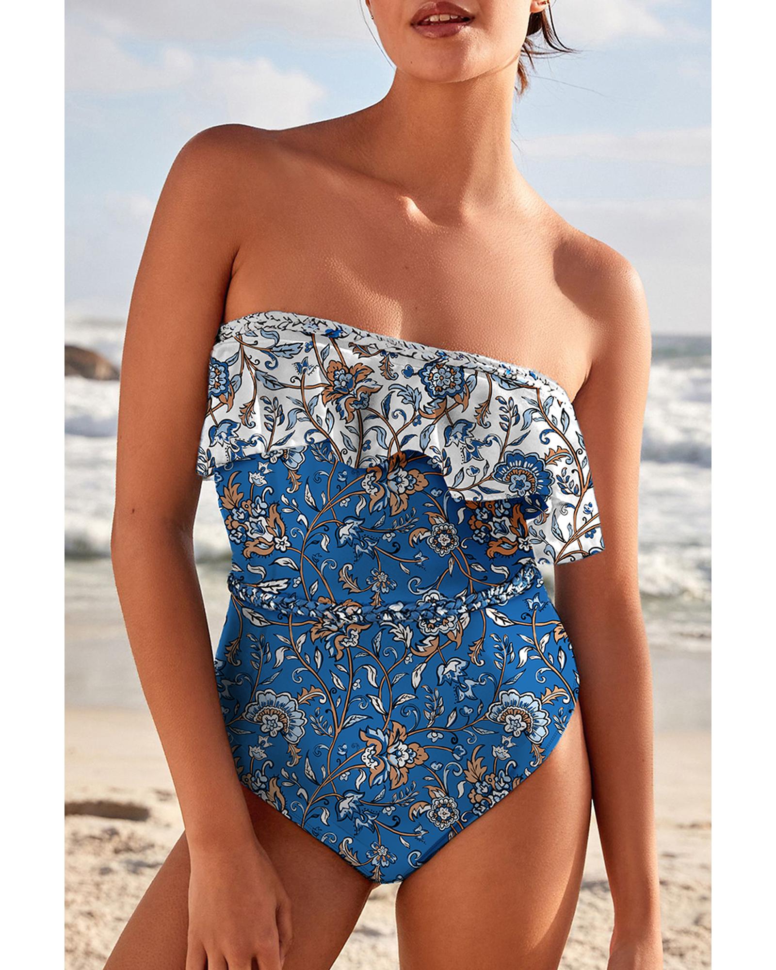 Sky Blue Floral Printed Ruffle Removable Strap One Piece Swimsuit - M