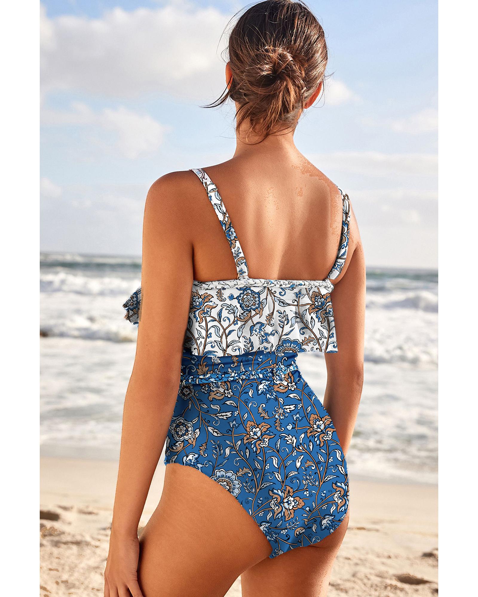 Sky Blue Floral Printed Ruffle Removable Strap One Piece Swimsuit - M