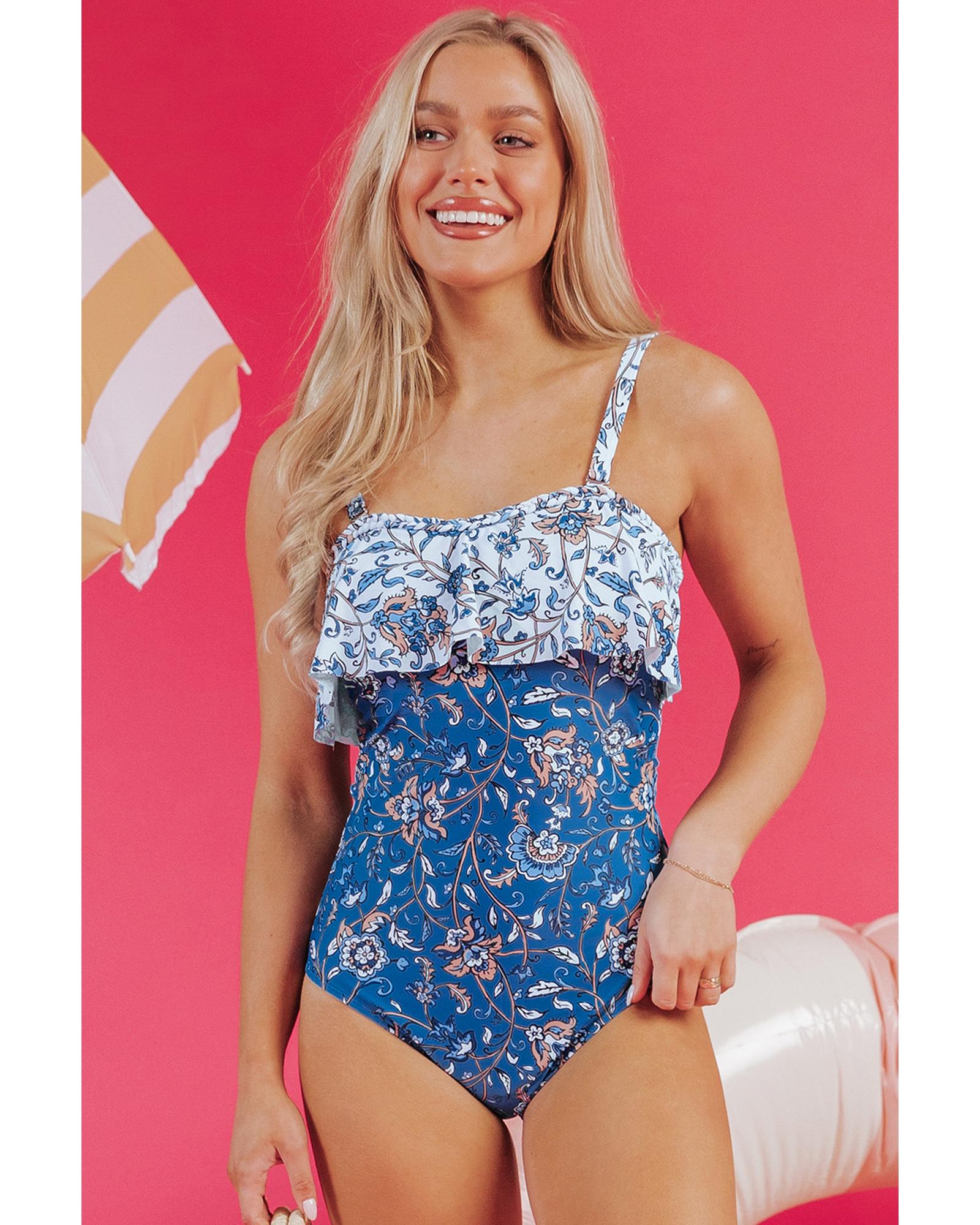 Sky Blue Floral Printed Ruffle Removable Strap One Piece Swimsuit - S