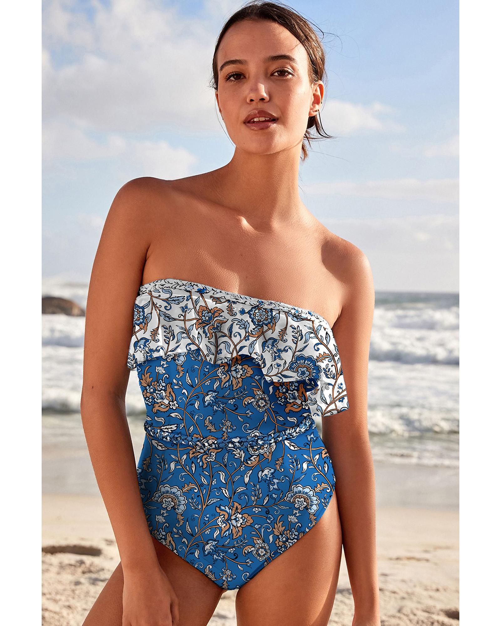 Sky Blue Floral Printed Ruffle Removable Strap One Piece Swimsuit - XL