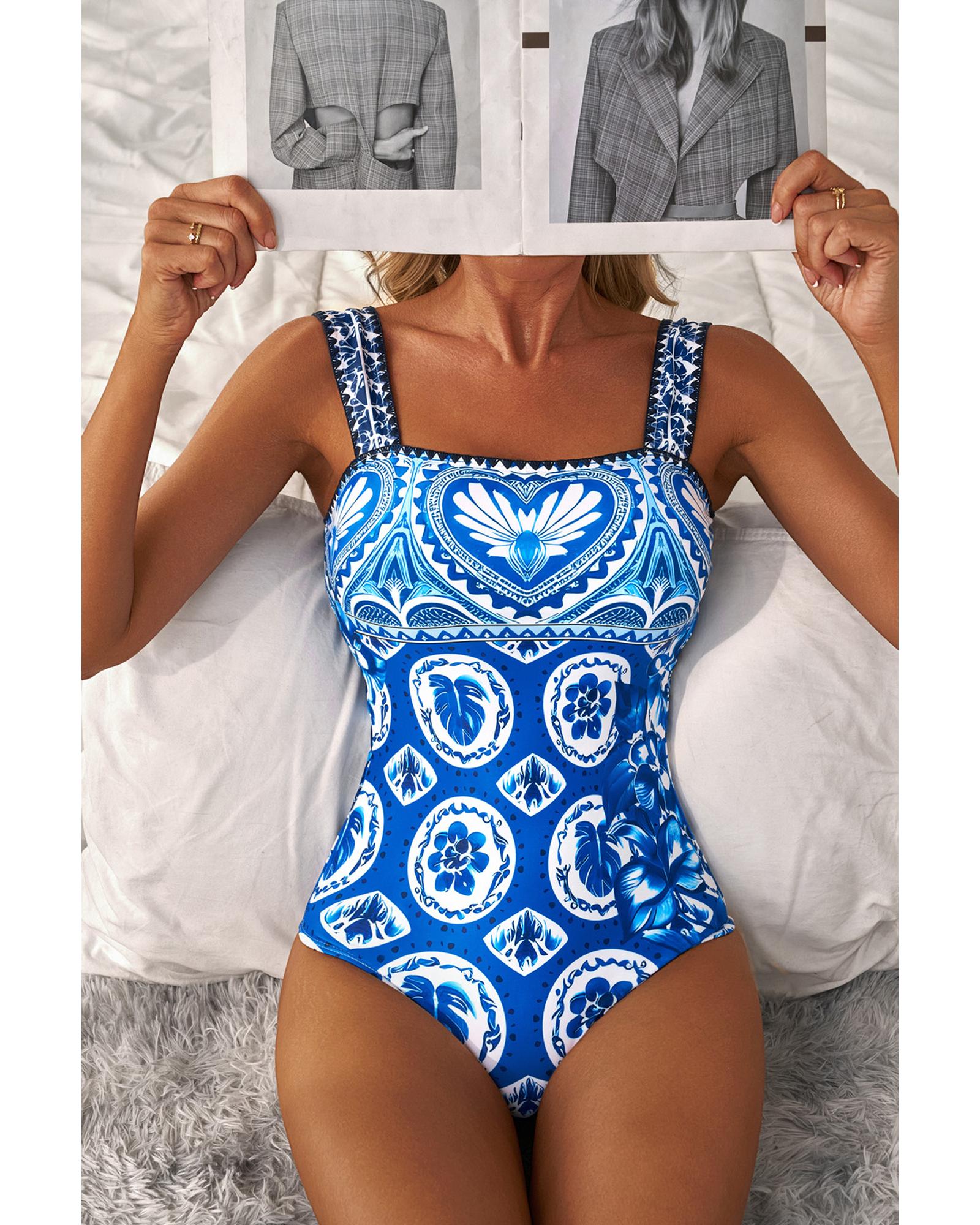 Blue Tile Pattern Ricrac Wide Straps Sheath One Piece Swimsuit - M