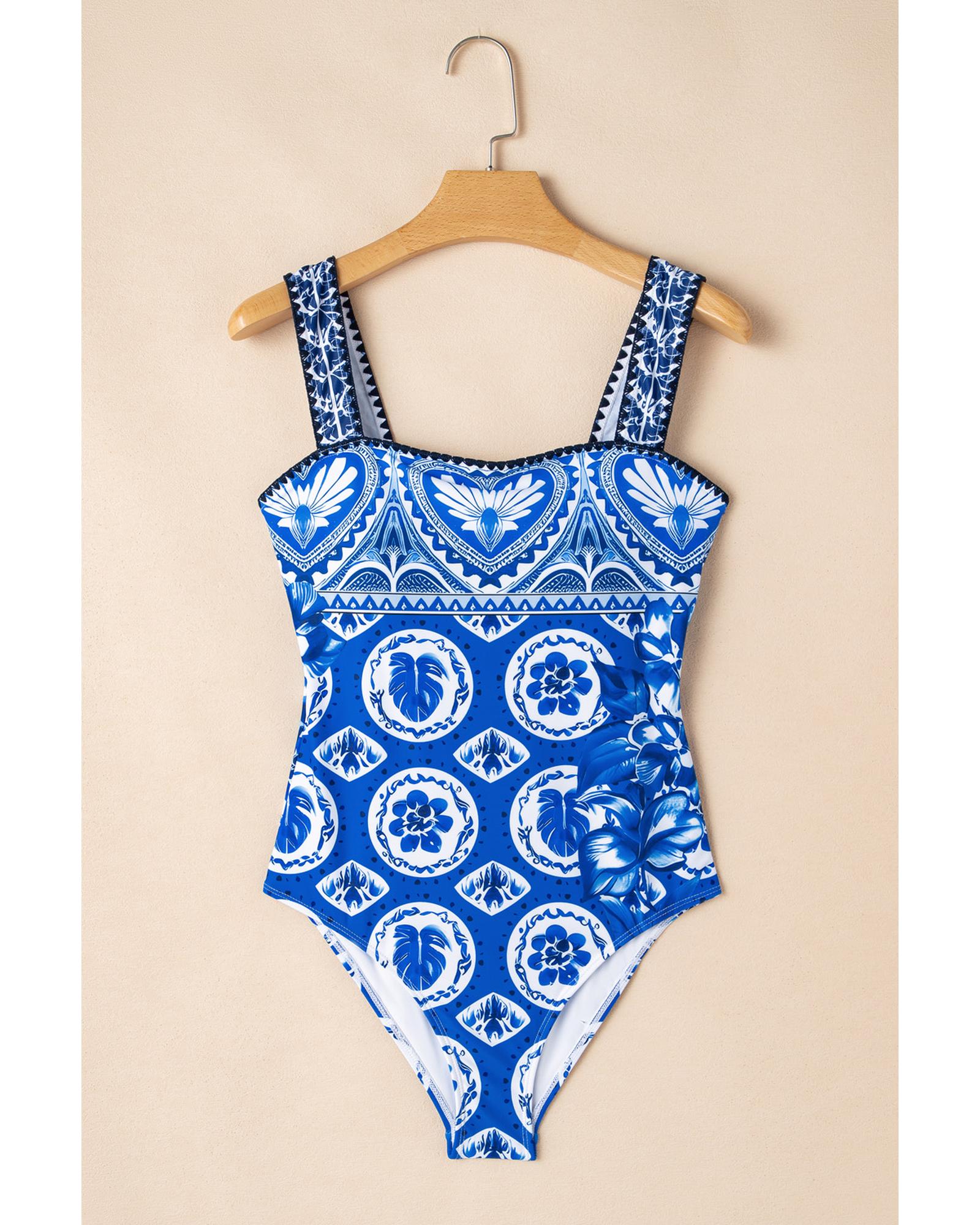 Blue Tile Pattern Ricrac Wide Straps Sheath One Piece Swimsuit - M