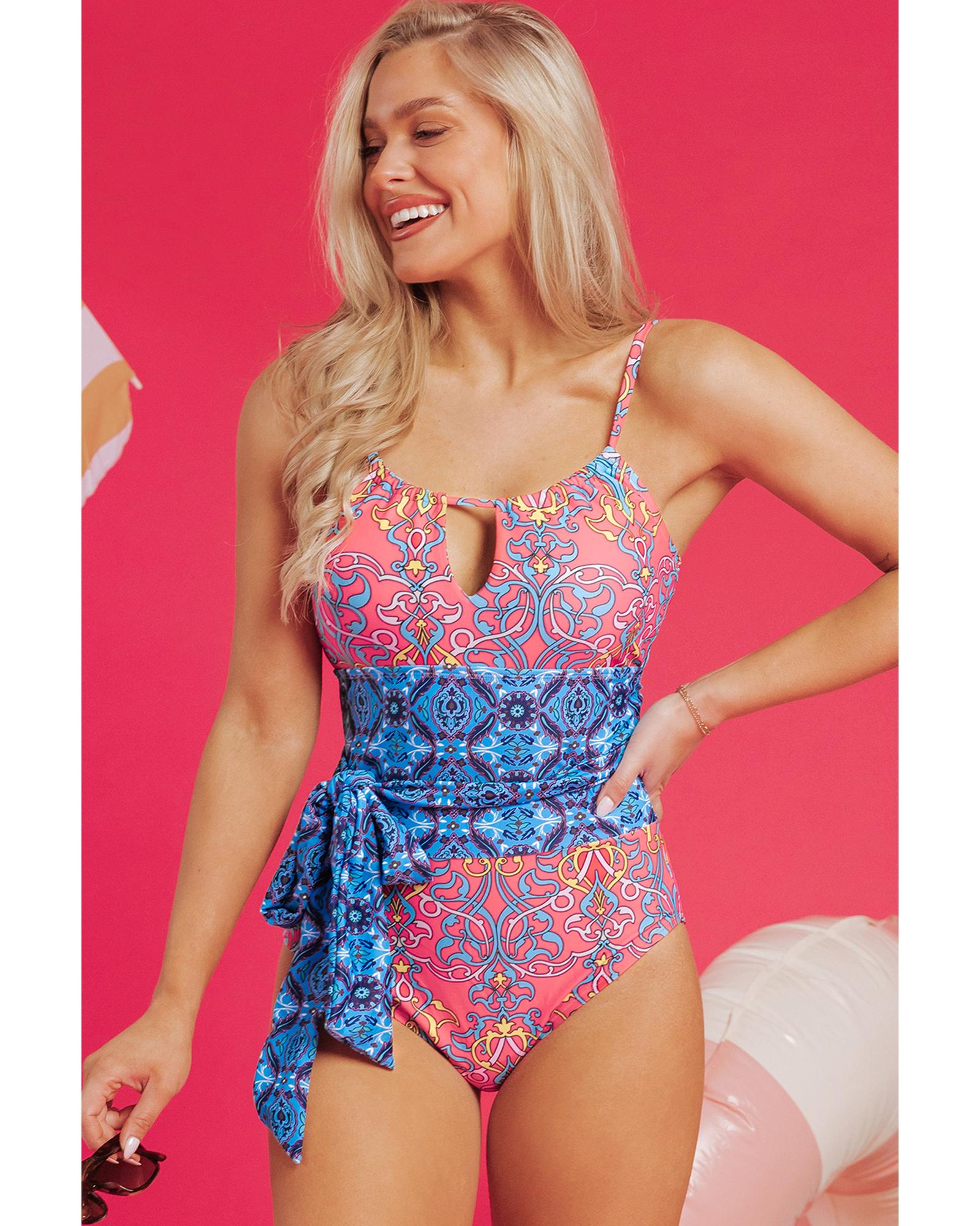 Blue Geometric Print Hollow Out Knotted Waist One Piece Swimsuit - M