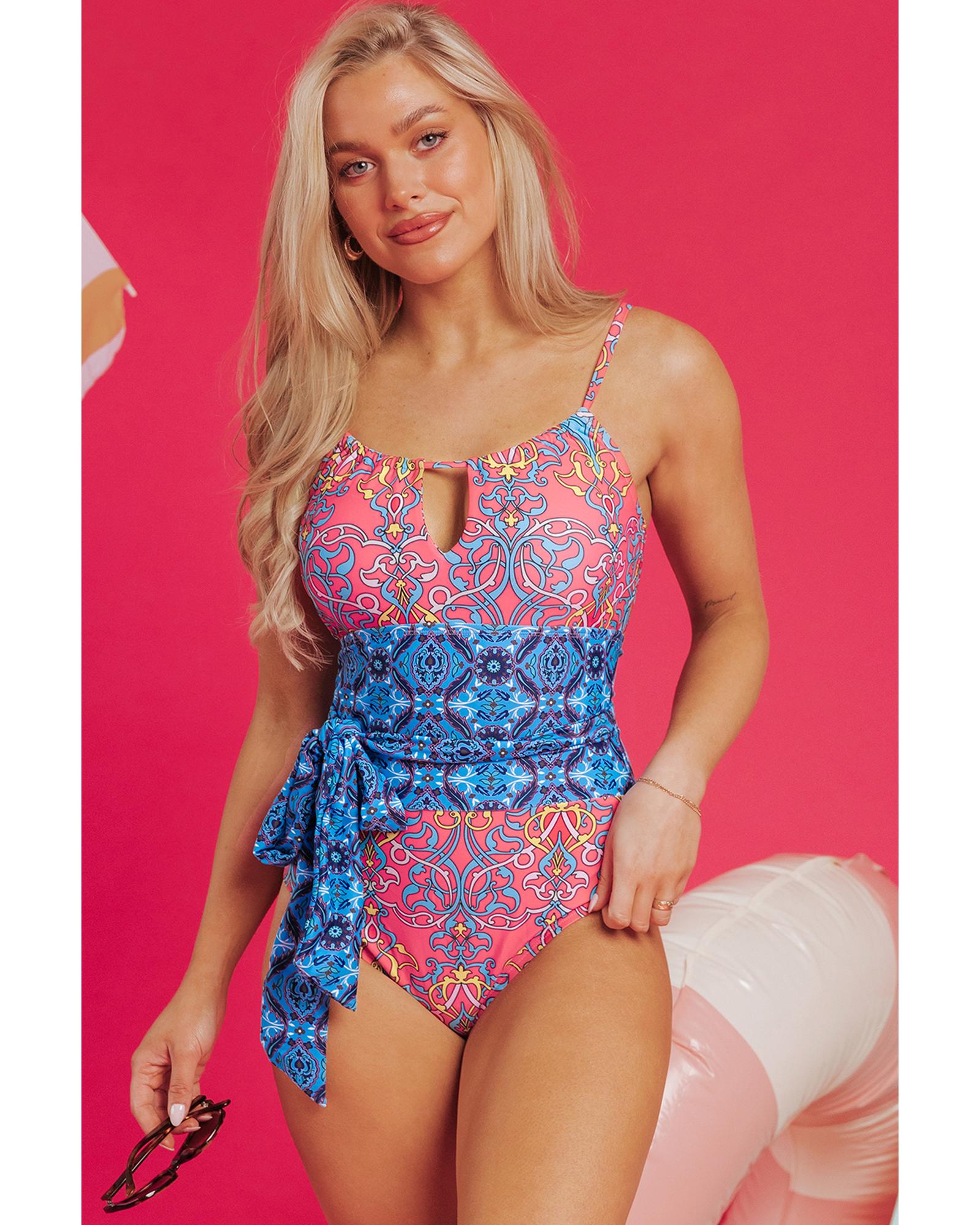 Blue Geometric Print Hollow Out Knotted Waist One Piece Swimsuit - M