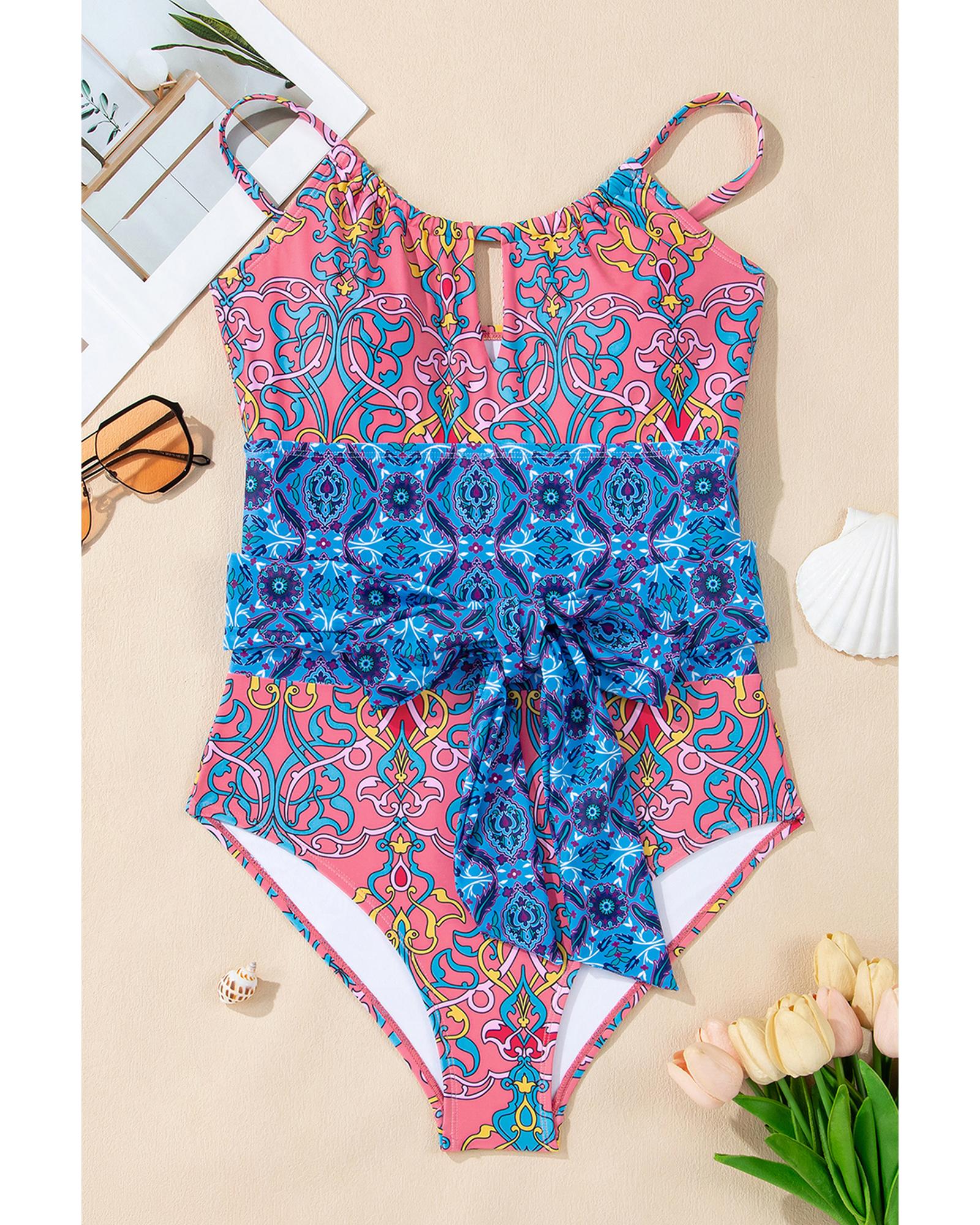 Blue Geometric Print Hollow Out Knotted Waist One Piece Swimsuit - S