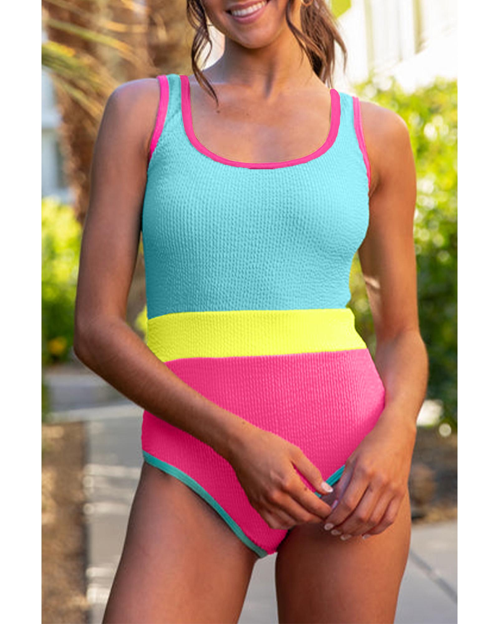 Iceland Blue Textured Color Block Patchwork One Piece Swimsuit - XL