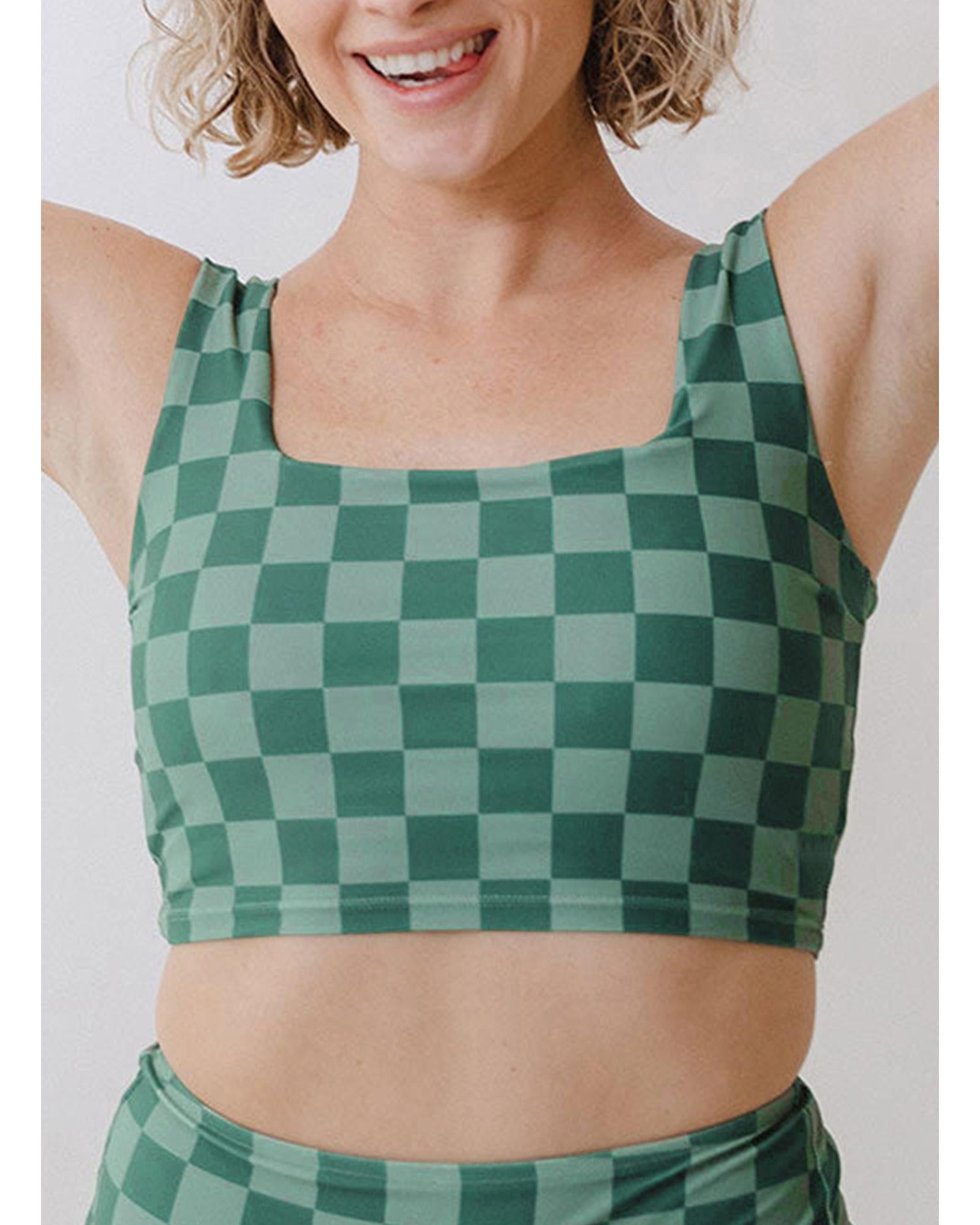 Green Checkered Print Square Neck Cropped Swim Top - 3XL