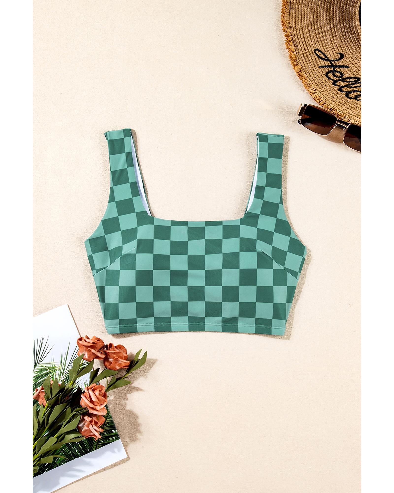 Green Checkered Print Square Neck Cropped Swim Top - 3XL