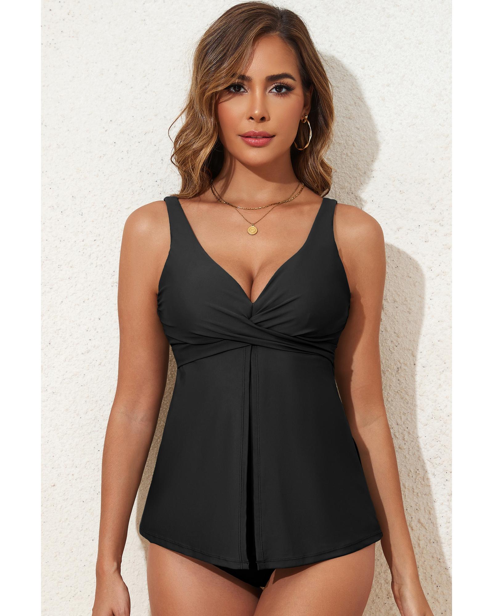 Black Crossed V Neck Adjustable Strap Babydoll Tankini Top - L