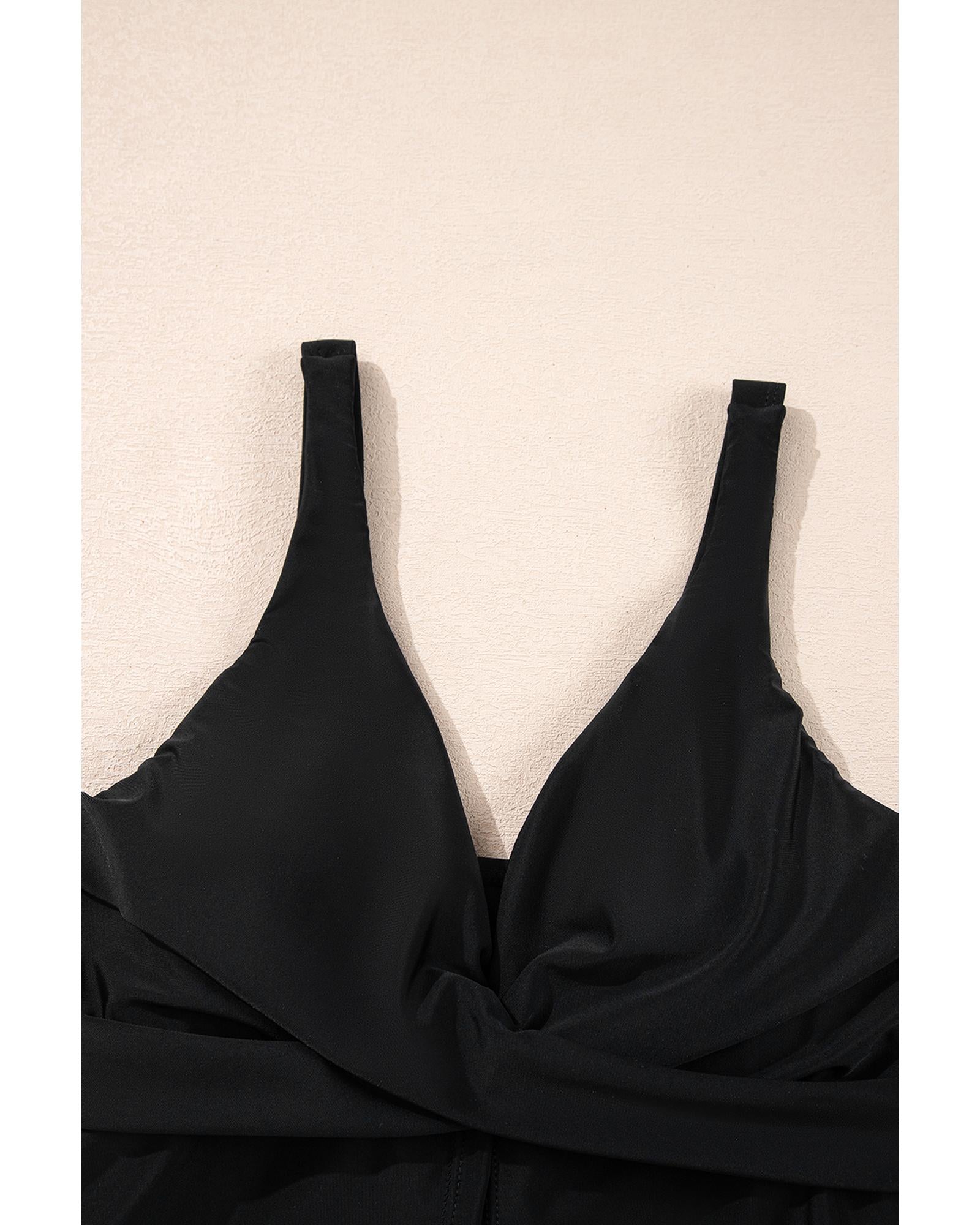 Black Crossed V Neck Adjustable Strap Babydoll Tankini Top - L