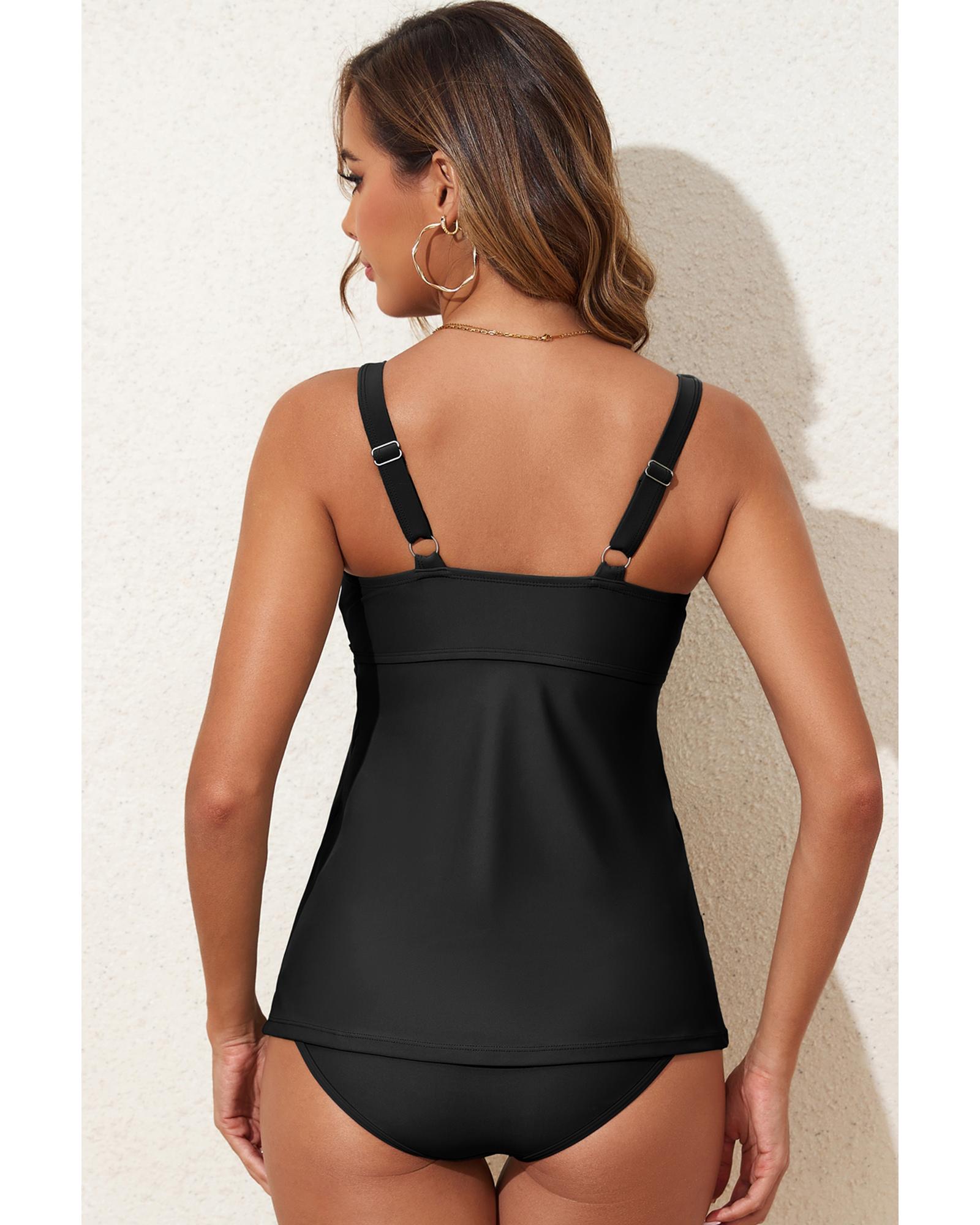 Black Crossed V Neck Adjustable Strap Babydoll Tankini Top - L
