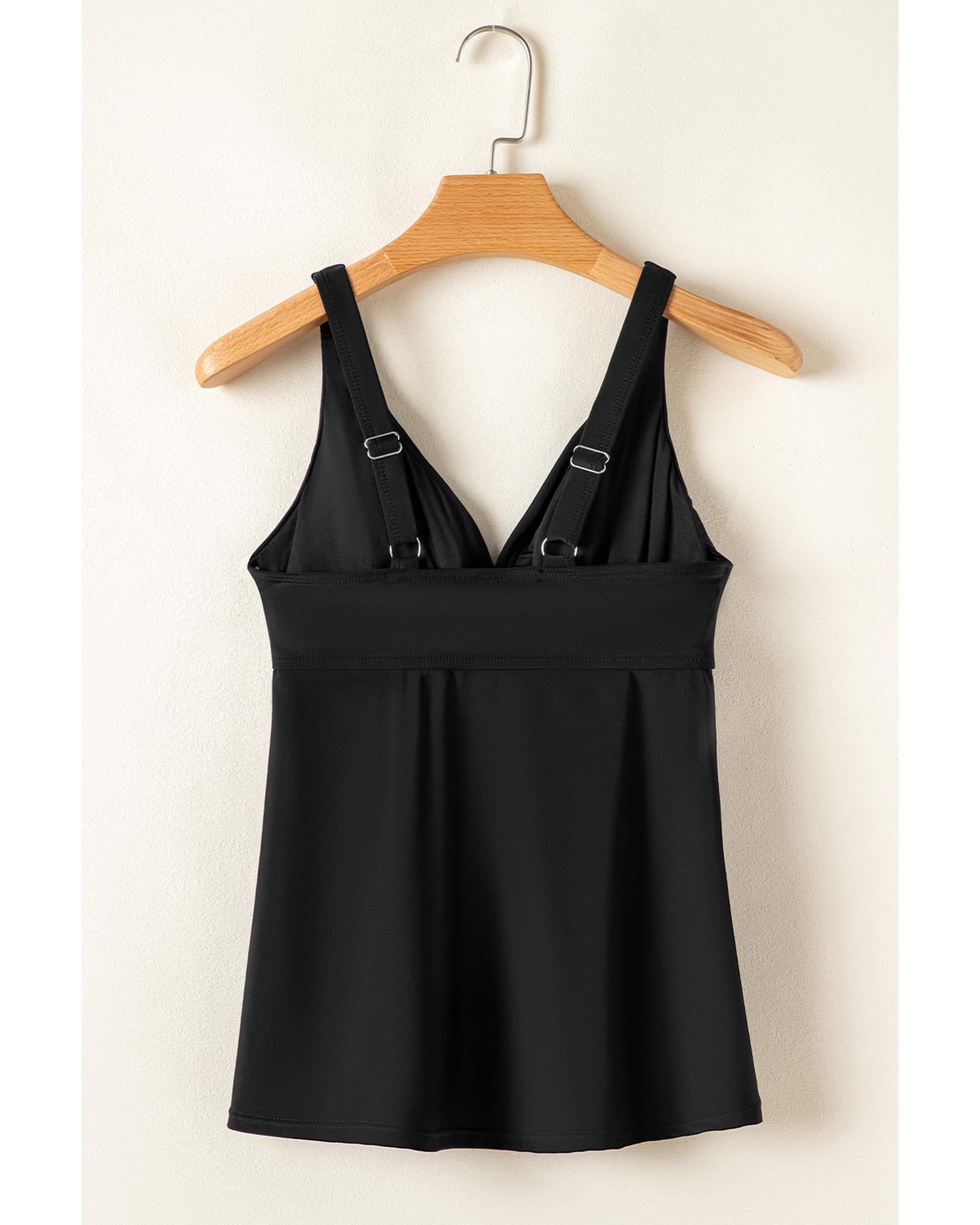 Black Crossed V Neck Adjustable Strap Babydoll Tankini Top - L