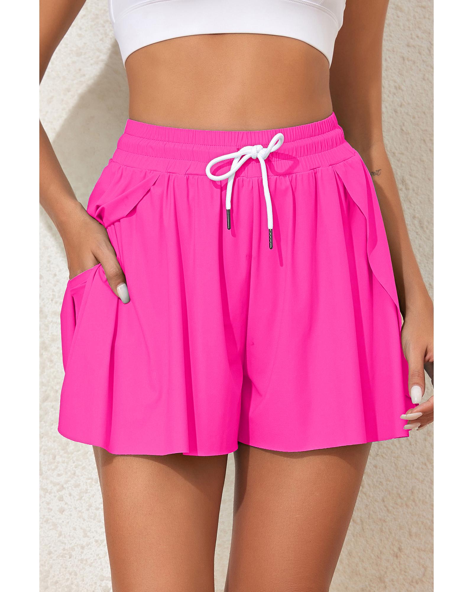 Rose Red Drawstring Elastic Waist Lined Ruffle Shorts Bikini Bottom - L