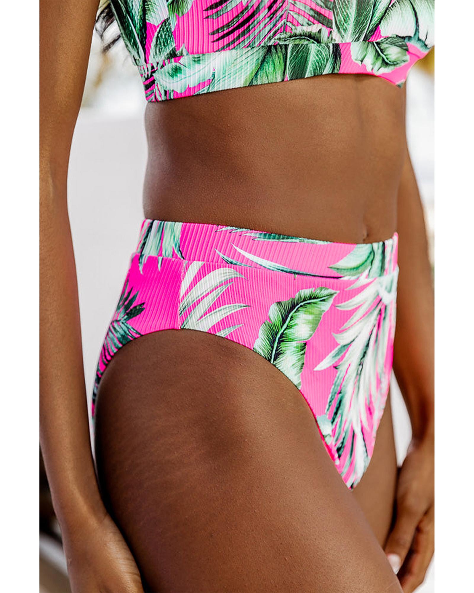 Rose Tropical Print Textured Bikini Bottoms - M