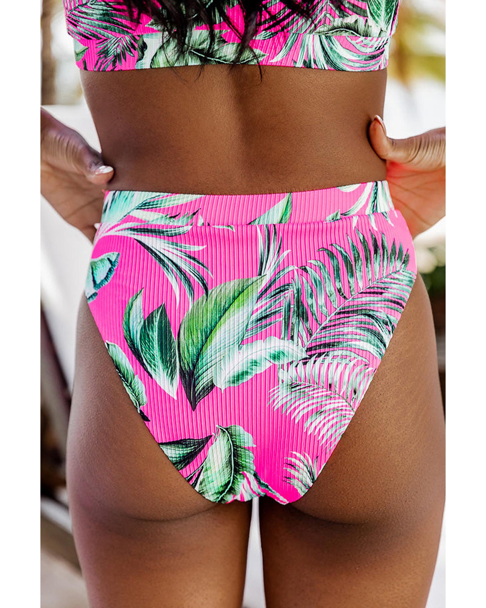 Rose Tropical Print Textured Bikini Bottoms - S