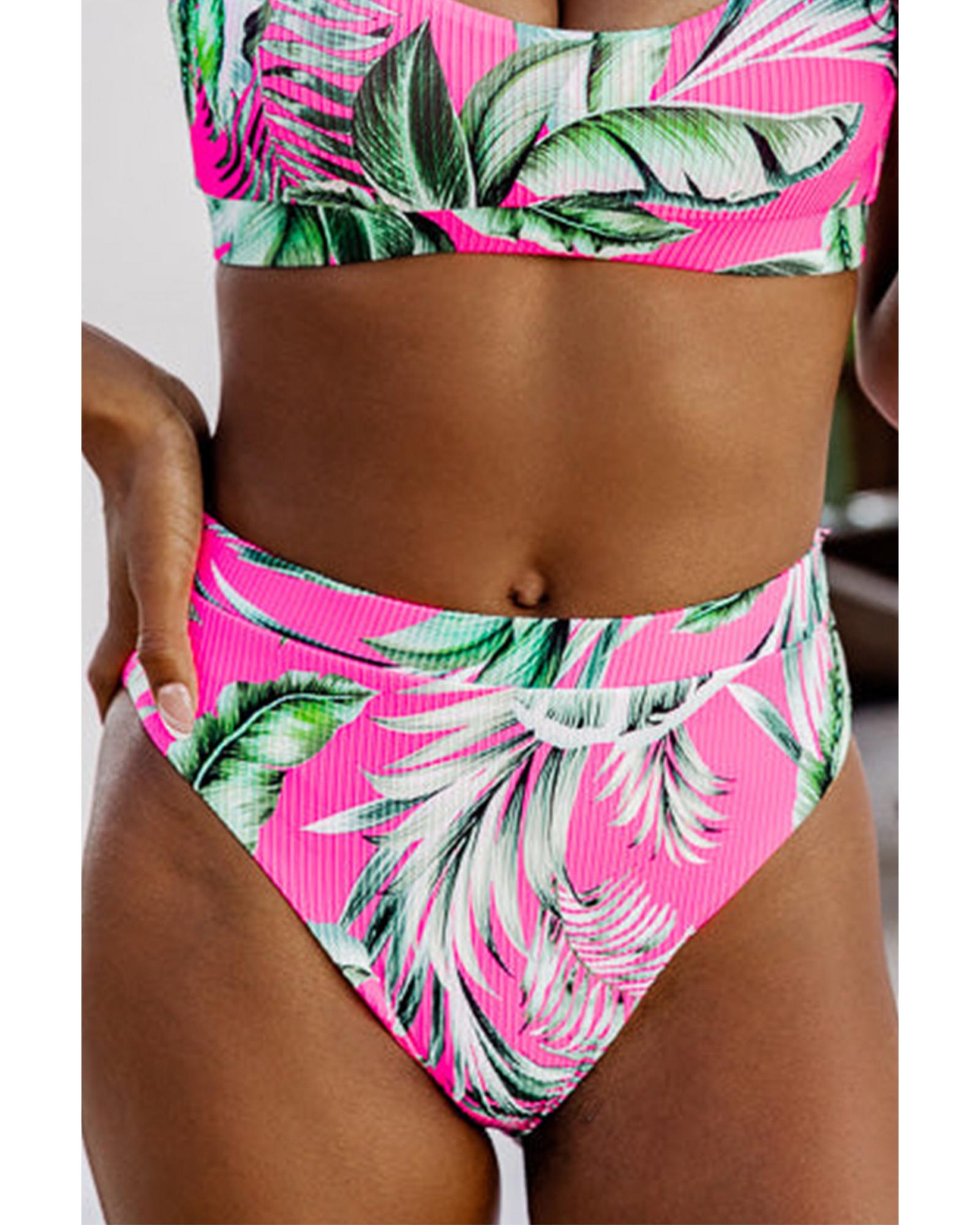 Rose Tropical Print Textured Bikini Bottoms - XL