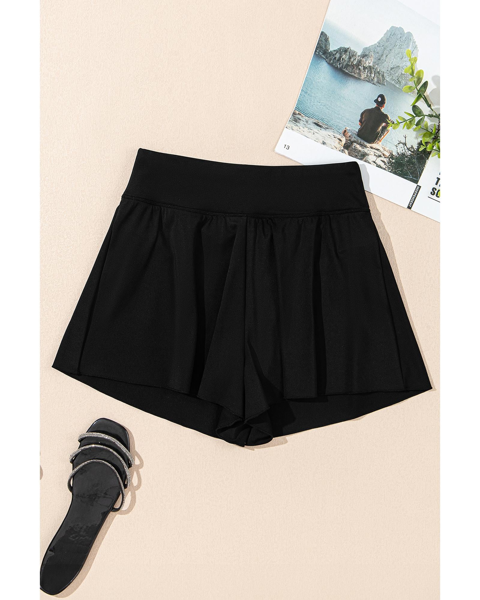 Black Solid Color High Waist Wide Leg Swim Bottom - M
