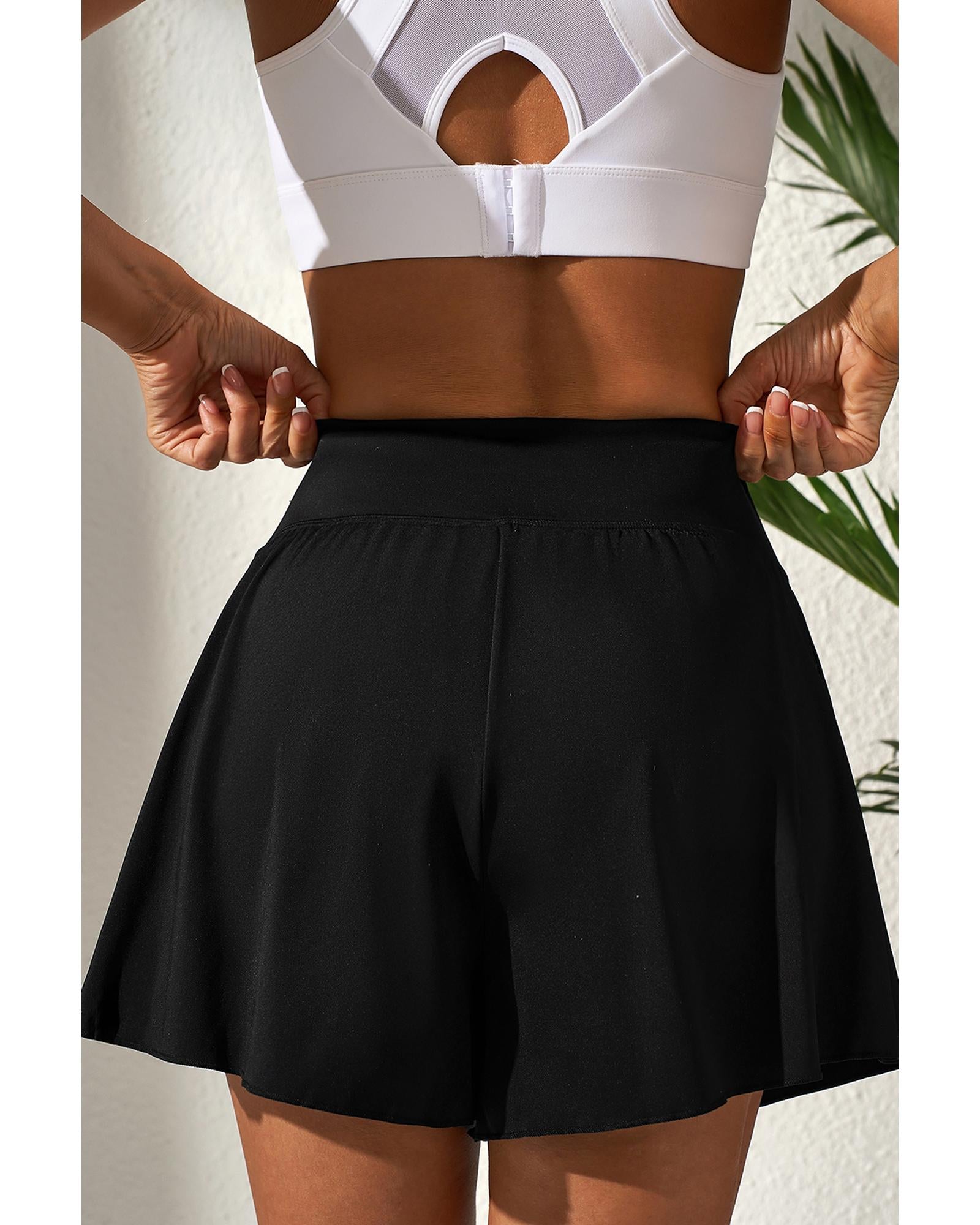 Black Solid Color High Waist Wide Leg Swim Bottom - S