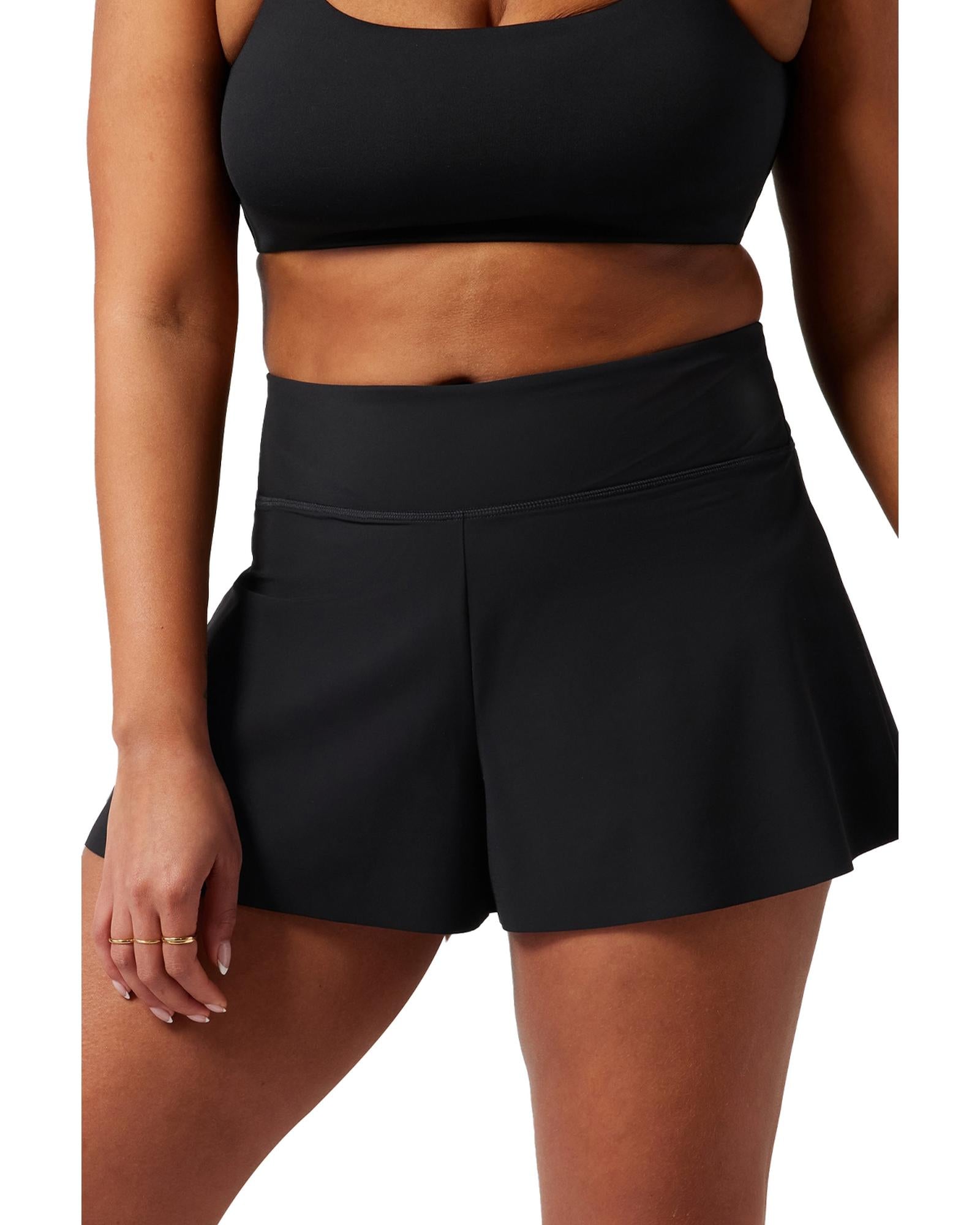 Black Solid Color High Waist Wide Leg Swim Bottom - S