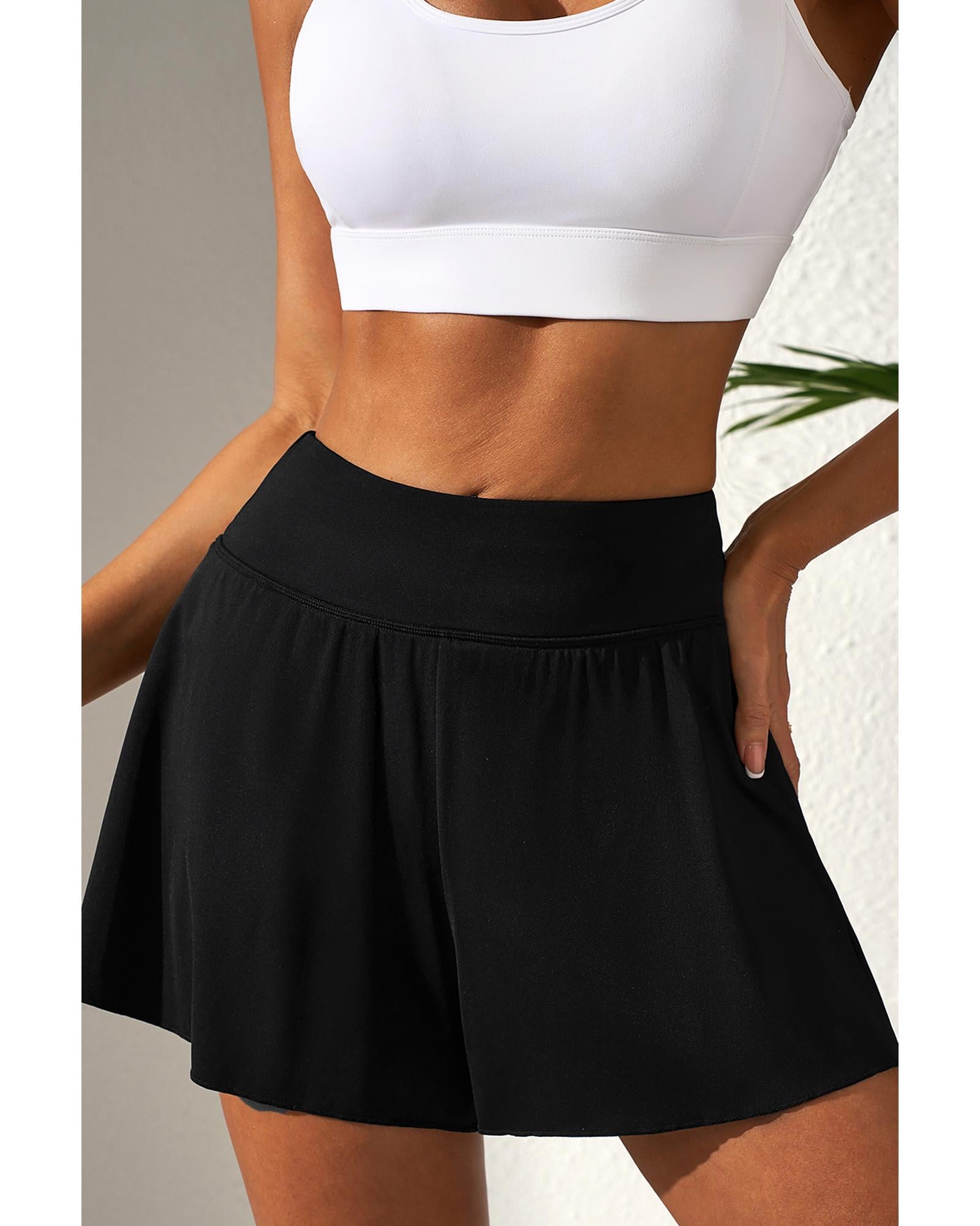 Black Solid Color High Waist Wide Leg Swim Bottom - S