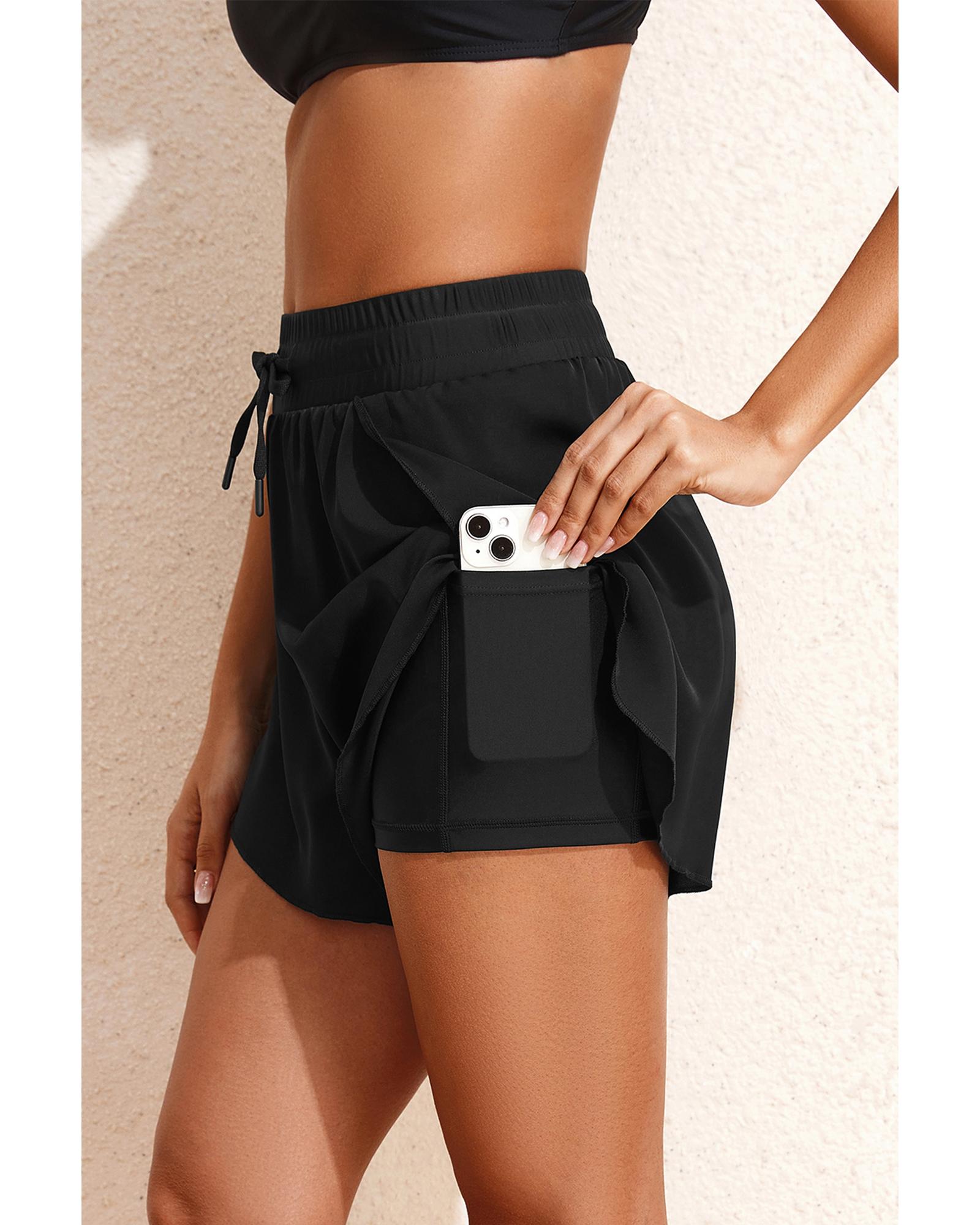 Black High Waisted Drawstring 2-in-1 Side Pocket Color Block Bikini Shorts - S