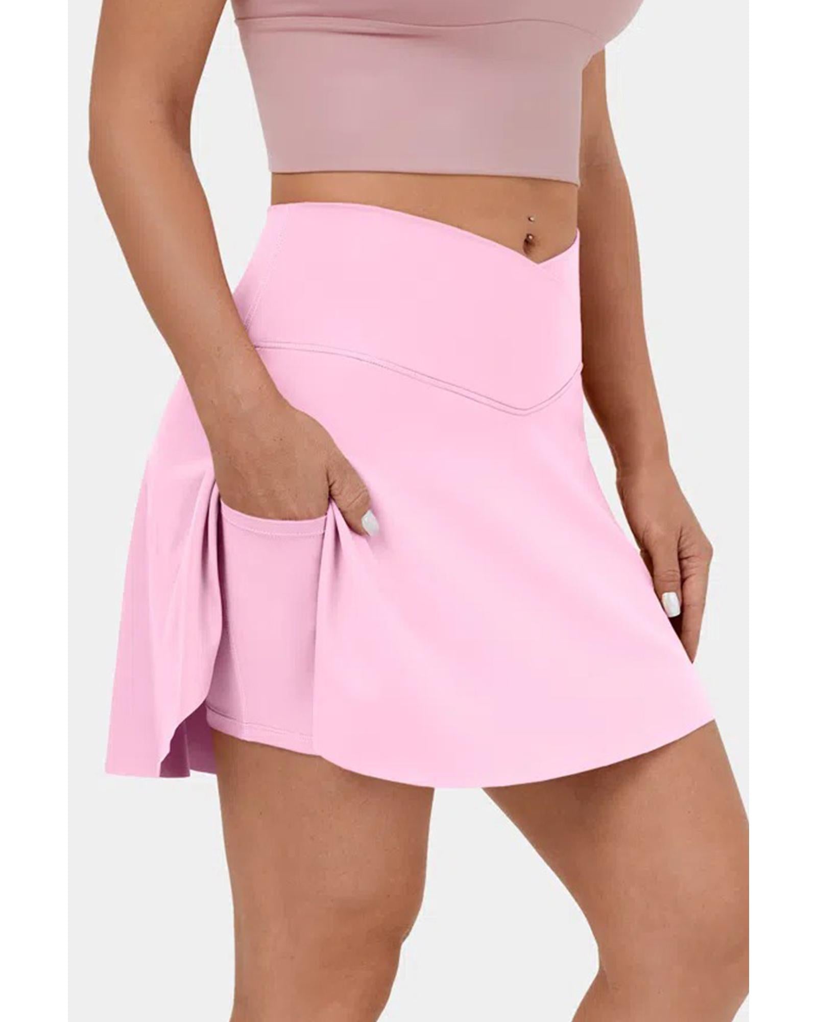 Pink Solid Pocketed Crossover High Waist Swim Skort - L