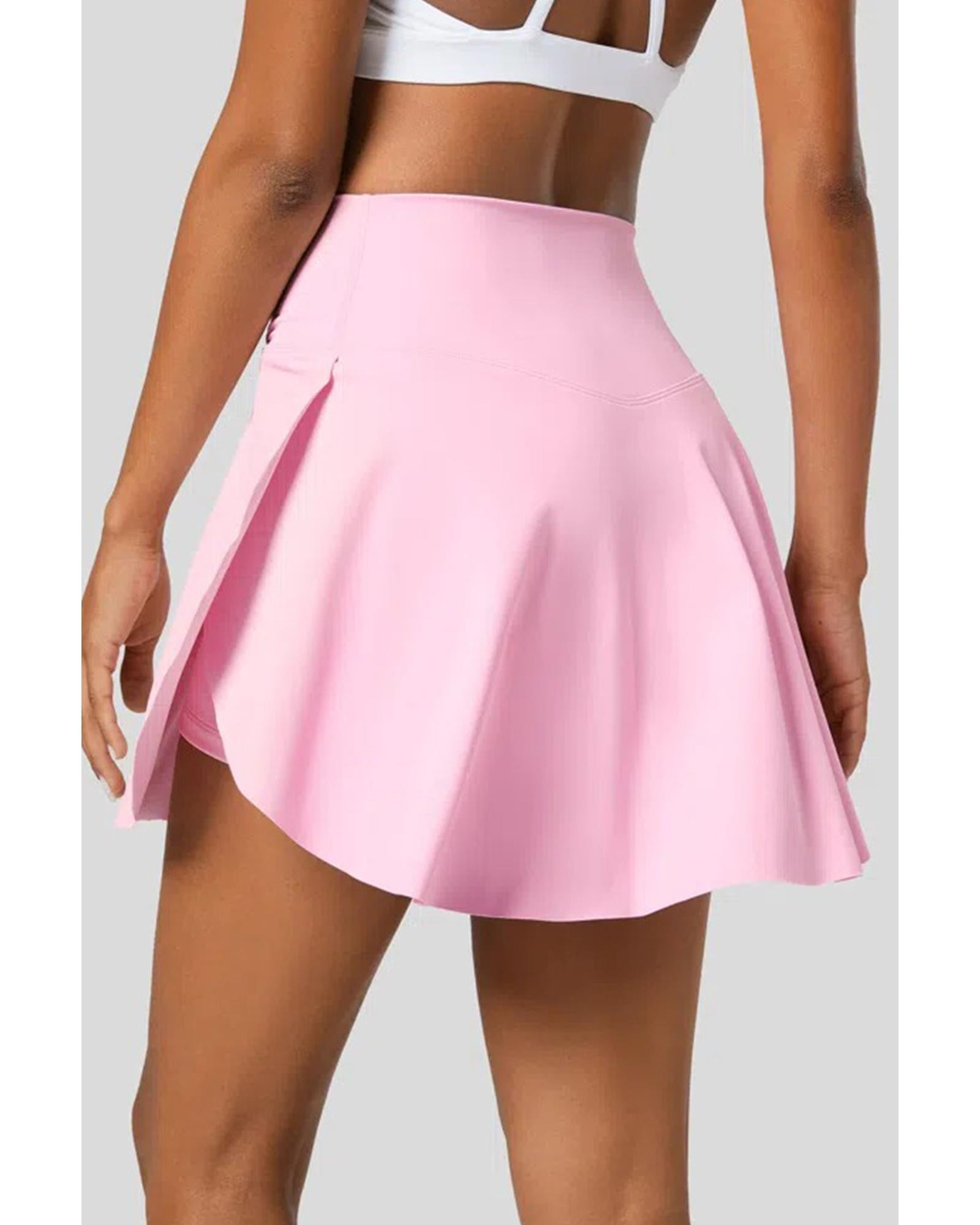 Pink Solid Pocketed Crossover High Waist Swim Skort - L