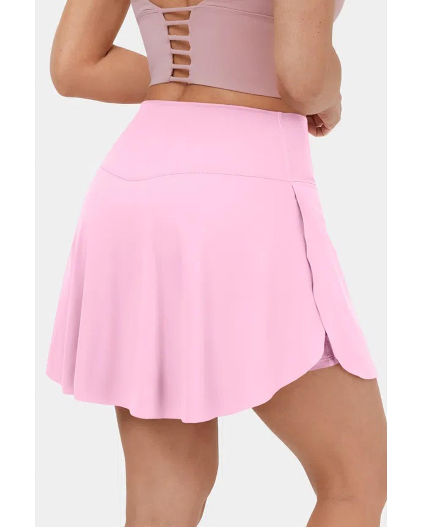Pink Solid Pocketed Crossover High Waist Swim Skort - L